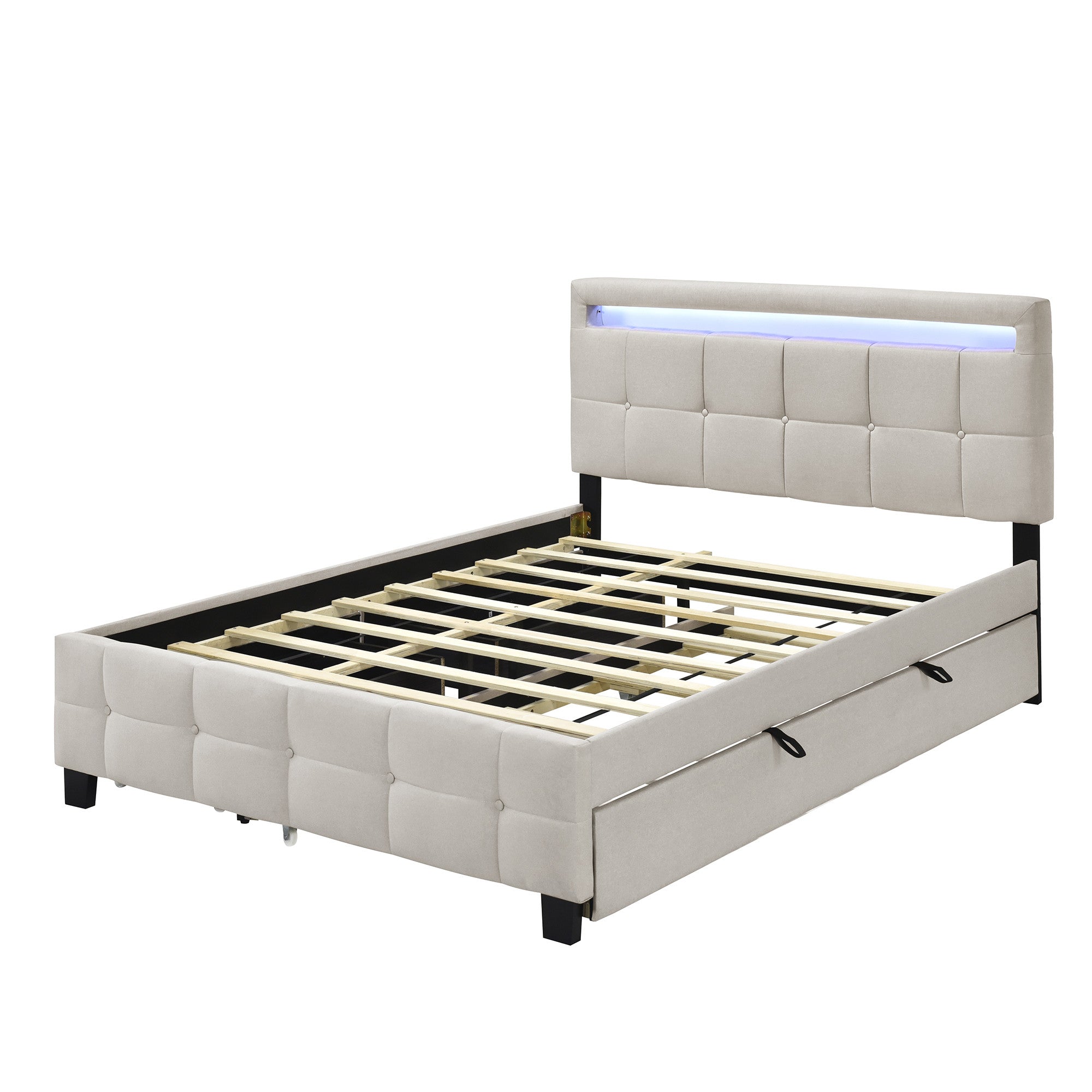 Beige Tufted Upholstered Lighted Queen Bed Frame With Trundle And USB And Drawers-3