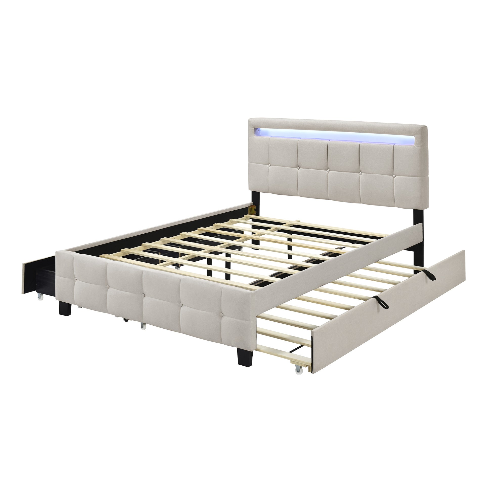 Beige Tufted Upholstered Lighted Queen Bed Frame With Trundle And USB And Drawers-4
