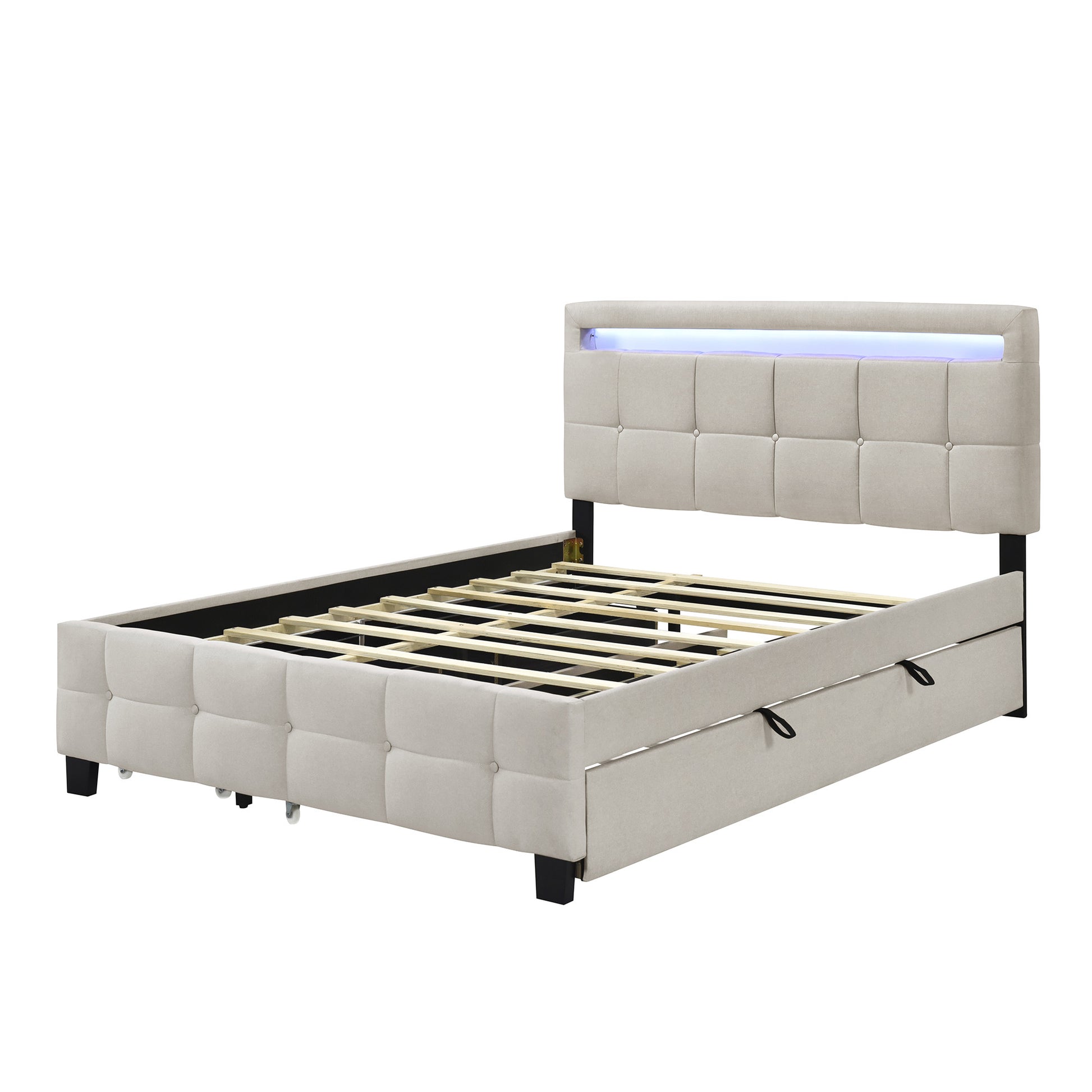 Beige Tufted Upholstered Lighted Queen Bed Frame With Trundle And USB And Drawers-5