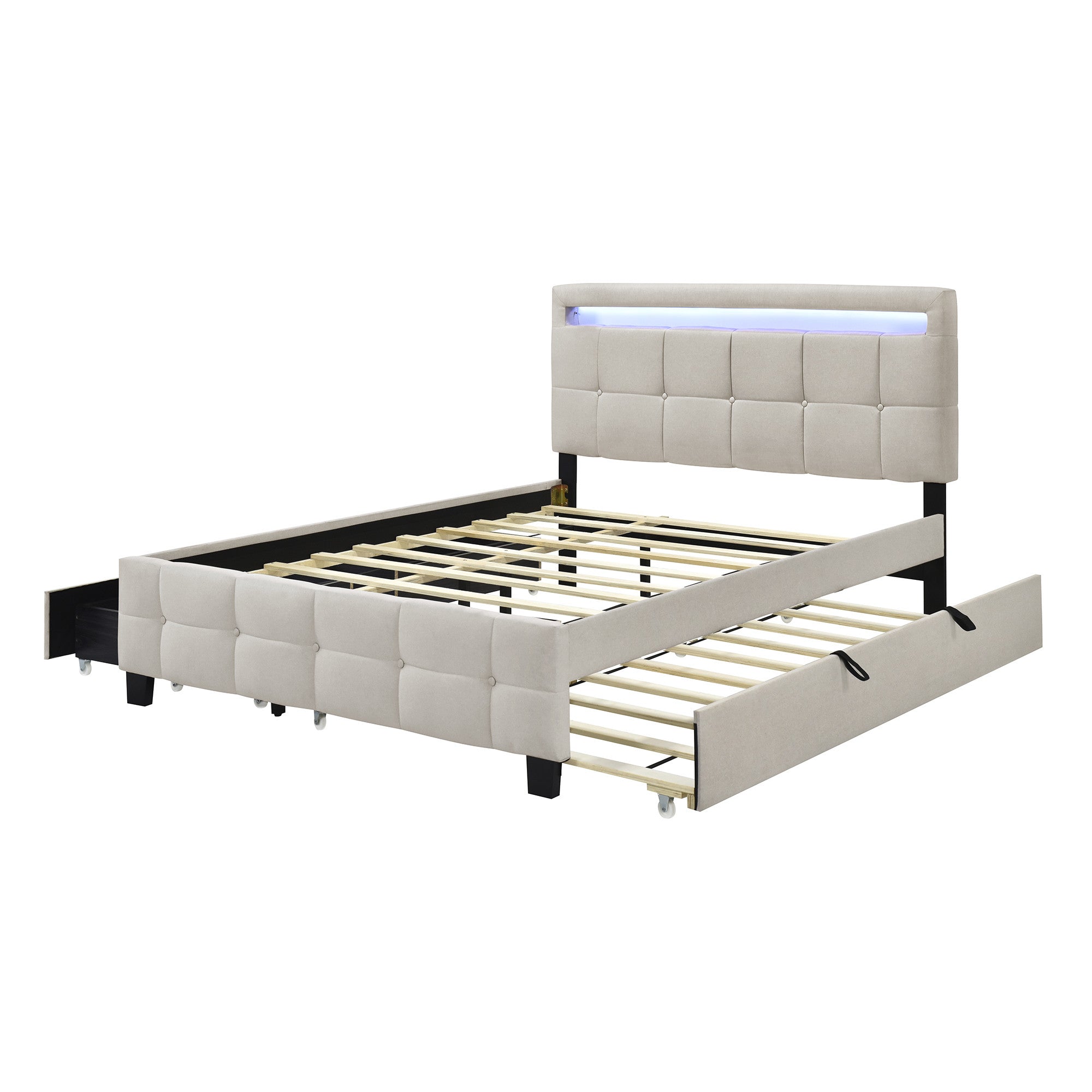 Beige Tufted Upholstered Lighted Queen Bed Frame With Trundle And USB And Drawers-6