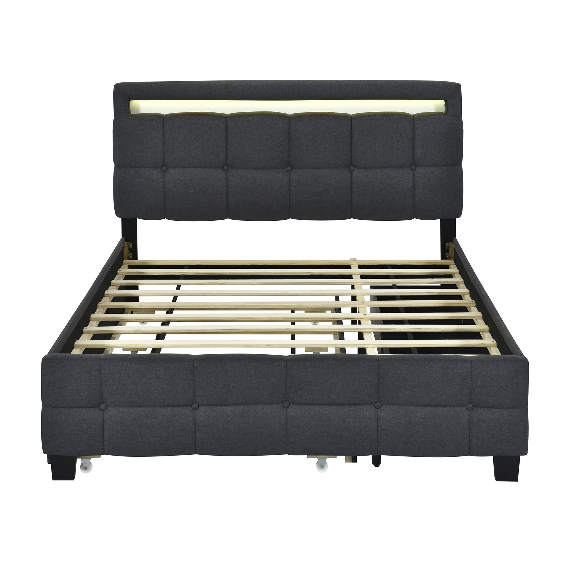 Black Tufted Upholstered Lighted Queen Bed Frame With Trundle And USB And Drawers-7
