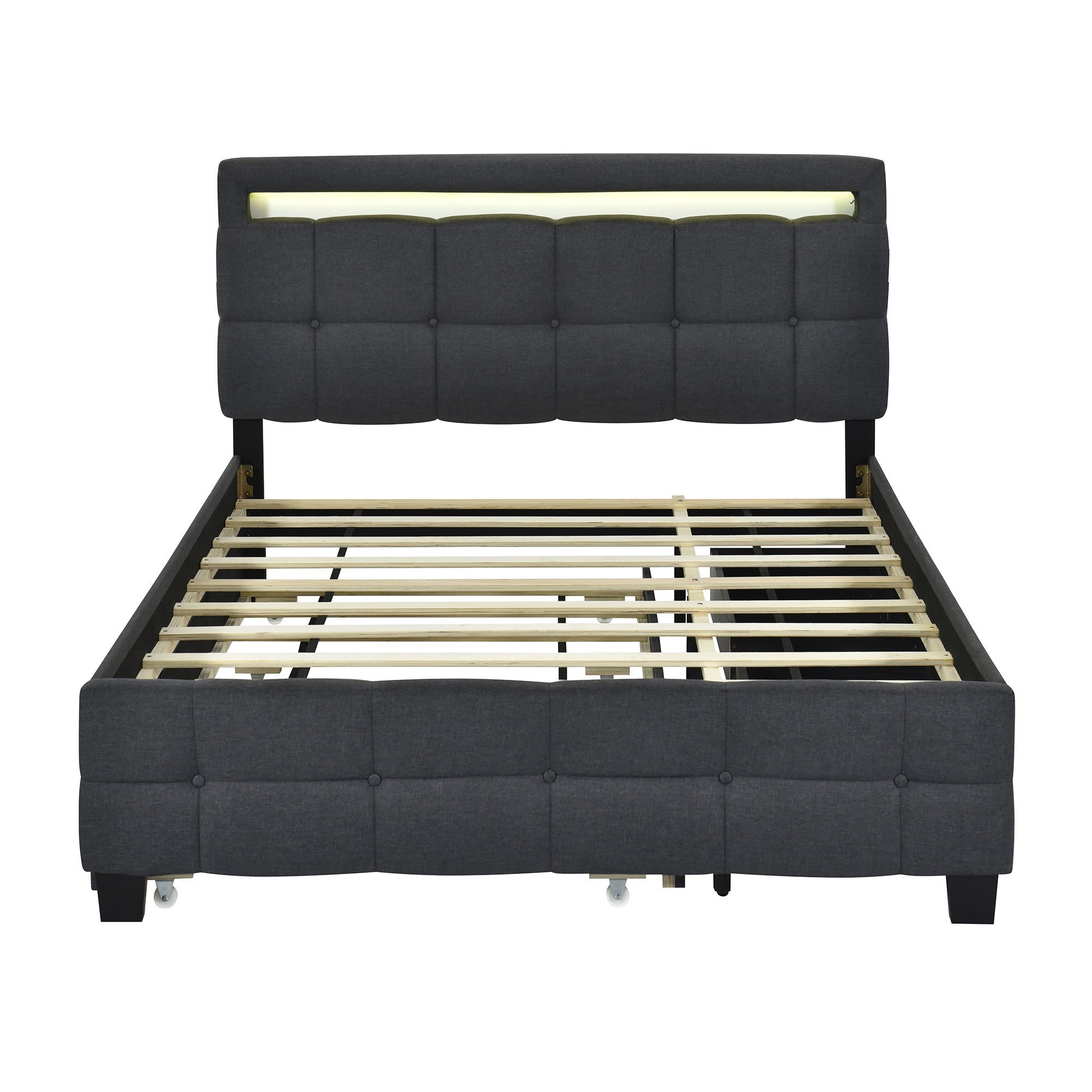 Black Tufted Upholstered Lighted Queen Bed Frame With Trundle And USB And Drawers-7