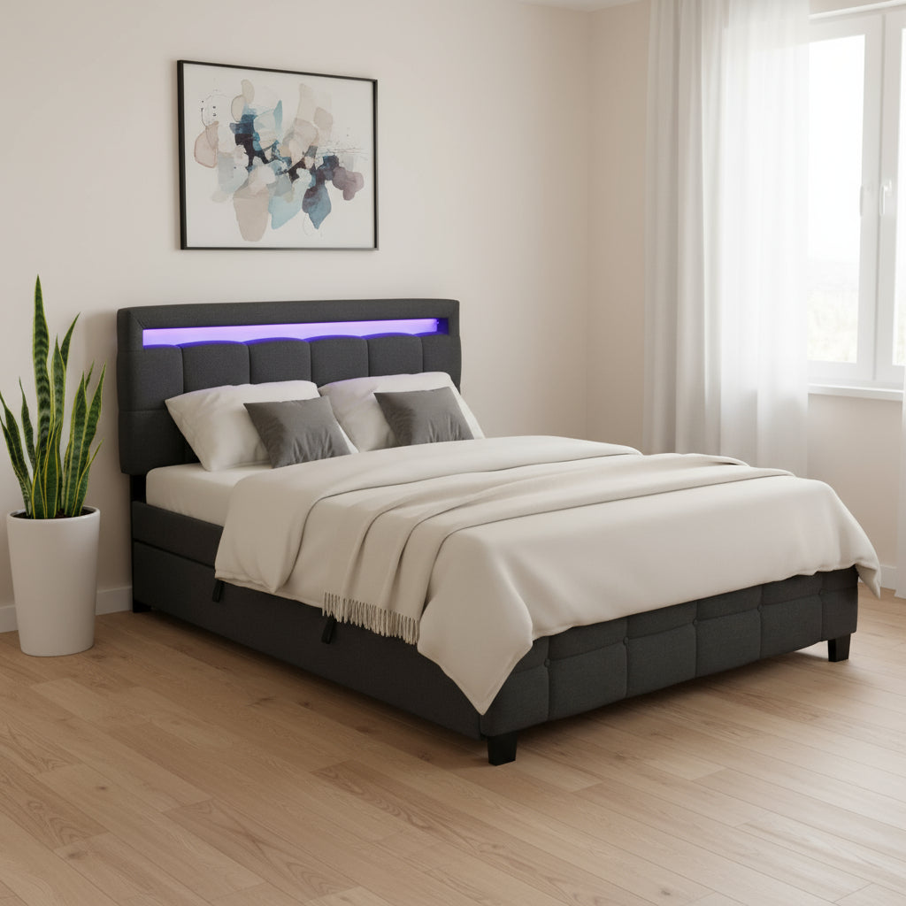 Black Tufted Upholstered Lighted Queen Bed Frame With Trundle And USB And Drawers-0