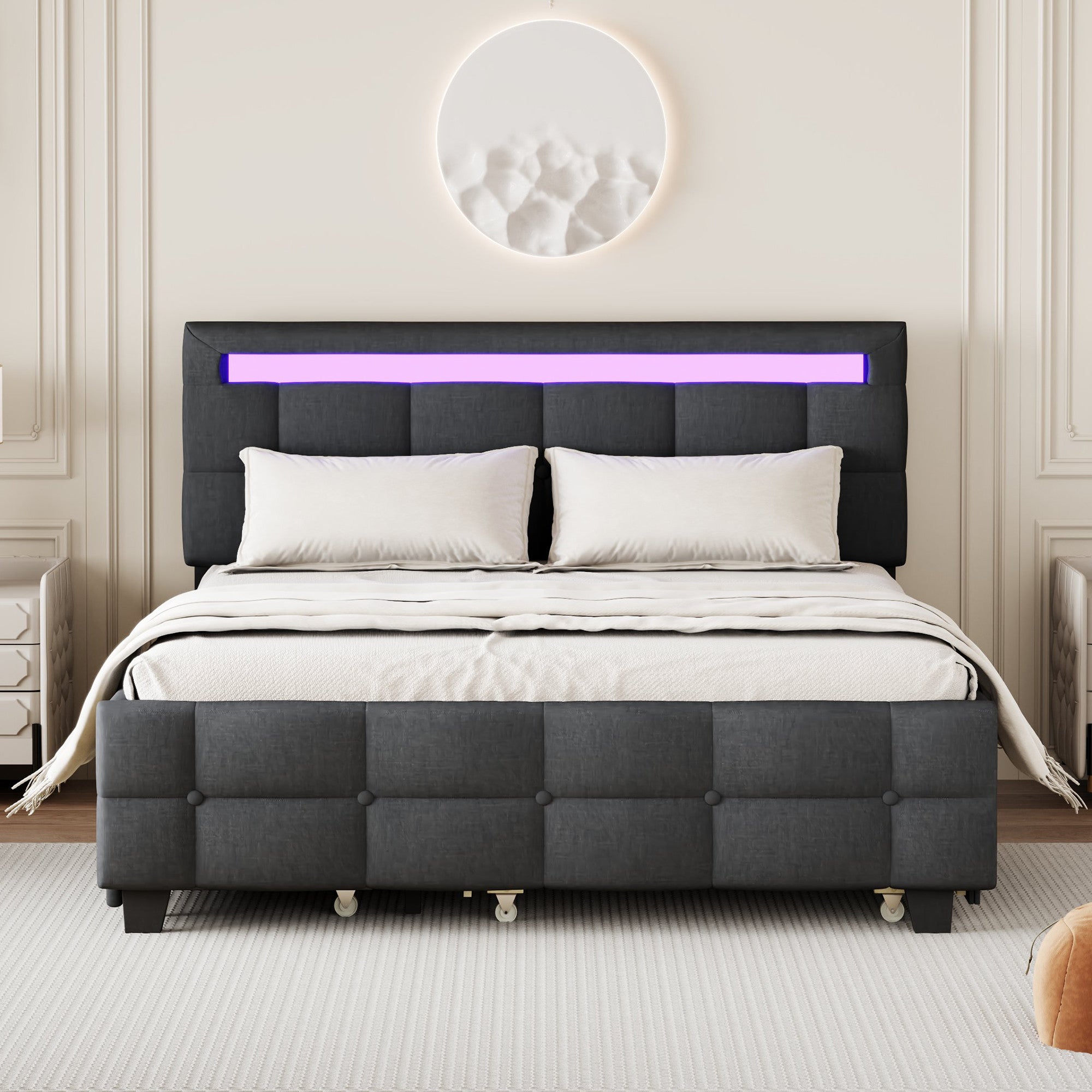 Black Tufted Upholstered Lighted Queen Bed Frame With Trundle And USB And Drawers-8