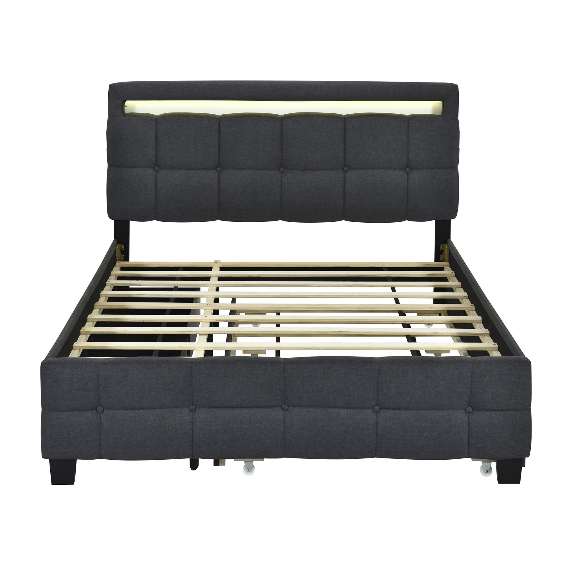 Black Tufted Upholstered Lighted Queen Bed Frame With Trundle And USB And Drawers-1