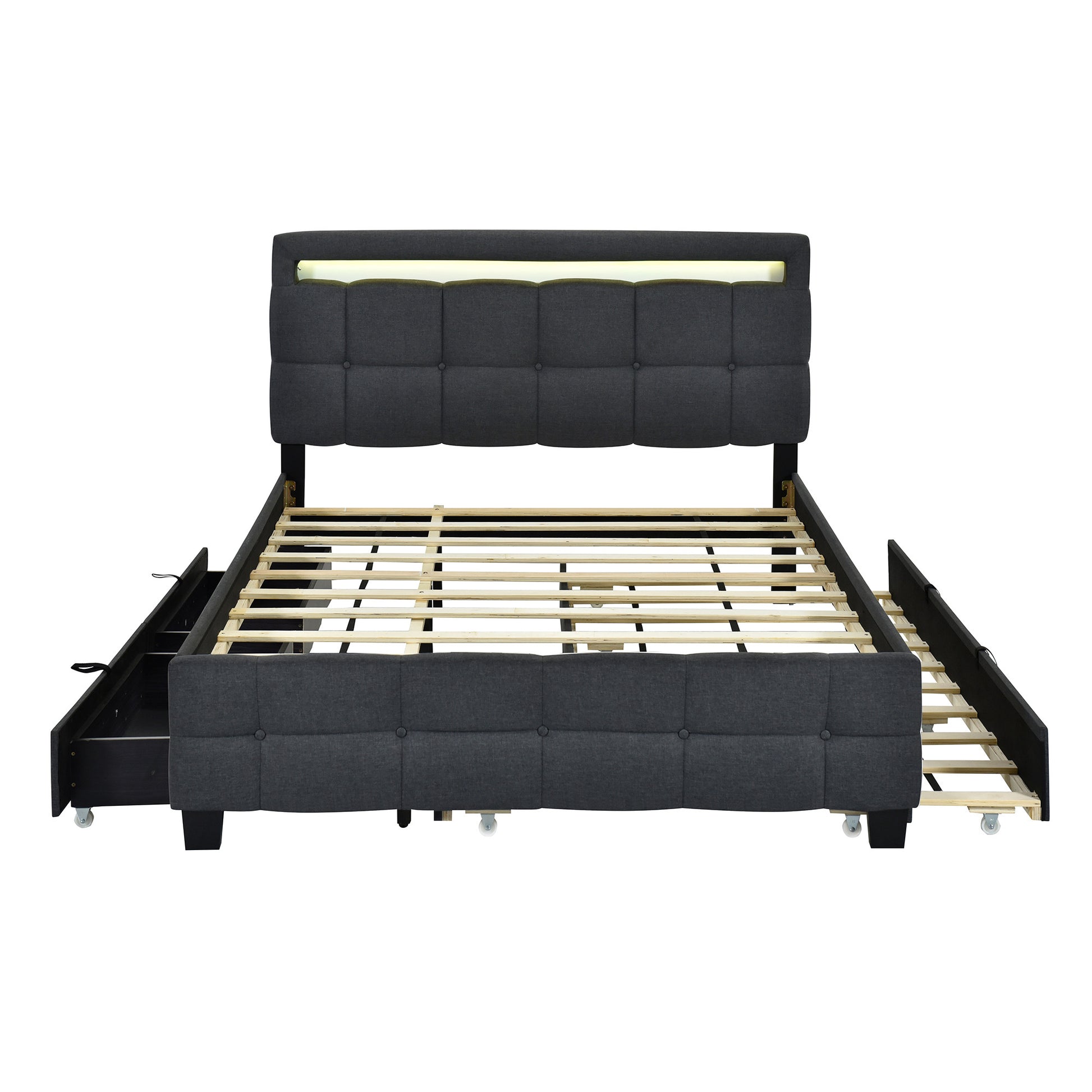 Black Tufted Upholstered Lighted Queen Bed Frame With Trundle And USB And Drawers-2