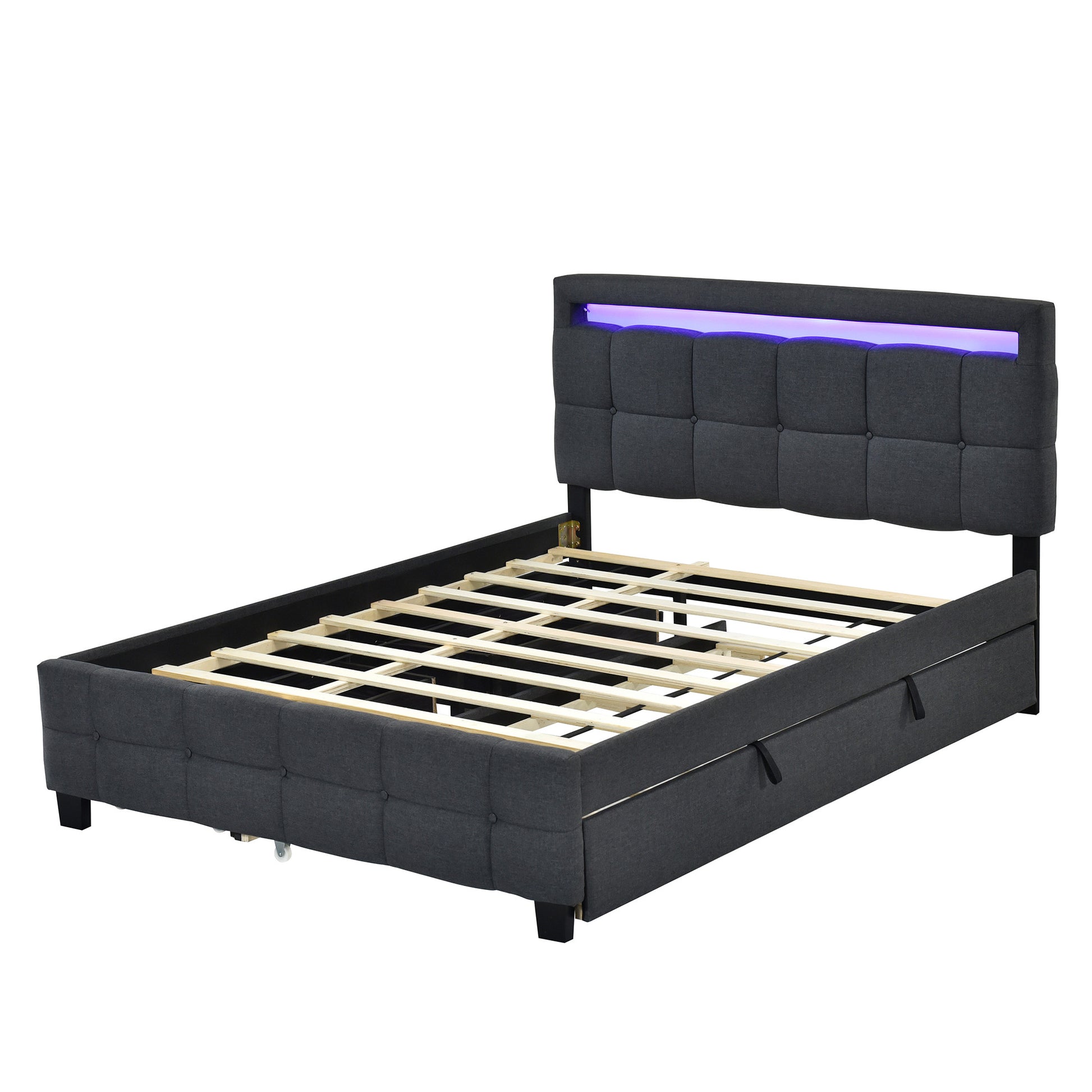 Black Tufted Upholstered Lighted Queen Bed Frame With Trundle And USB And Drawers-3