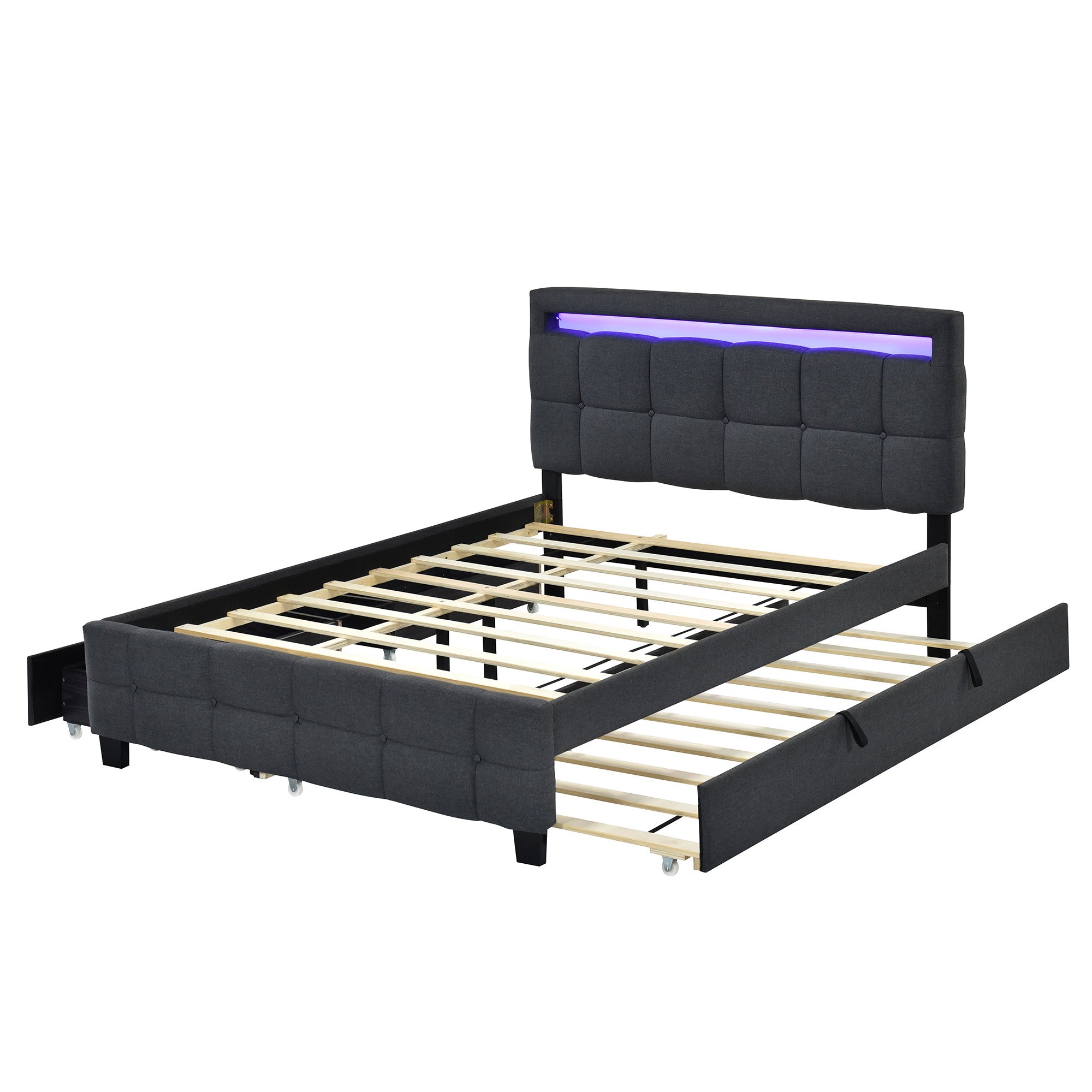 Black Tufted Upholstered Lighted Queen Bed Frame With Trundle And USB And Drawers-4