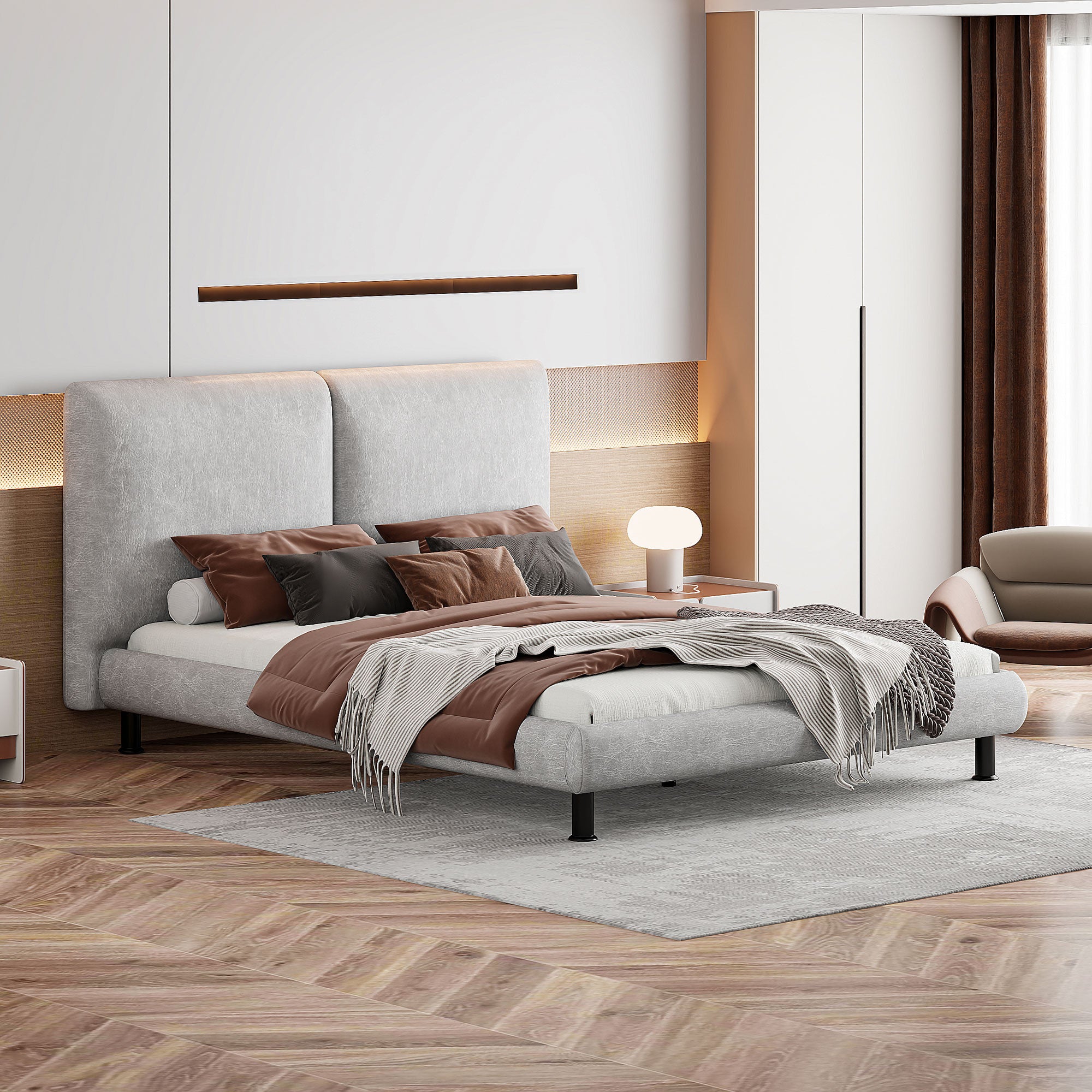 Light Gray Tufted Upholstered Queen Bed Frame-8