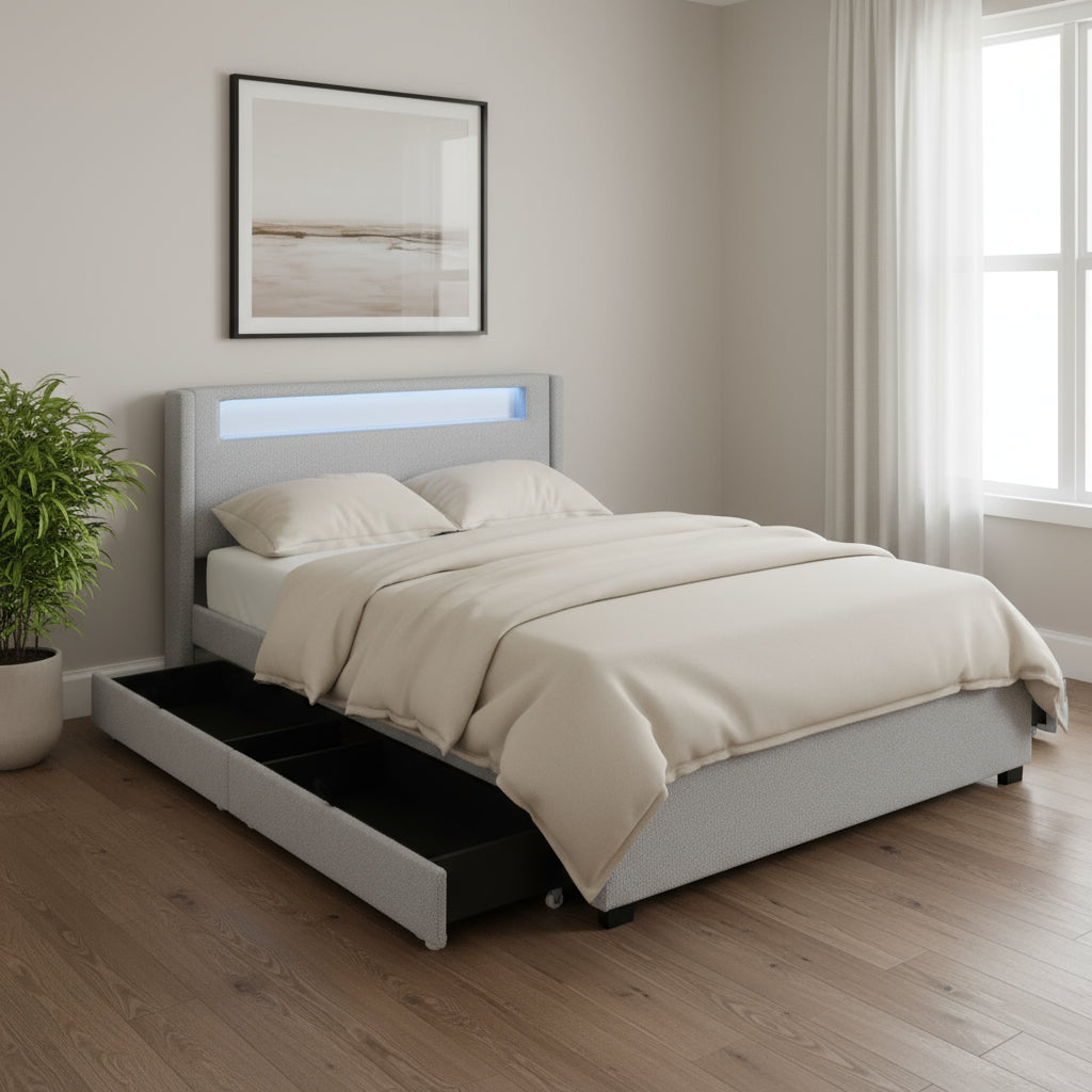 Light Gray Tufted Boucle Lighted Full Bed Frame With Trundle And USB And Drawers-0