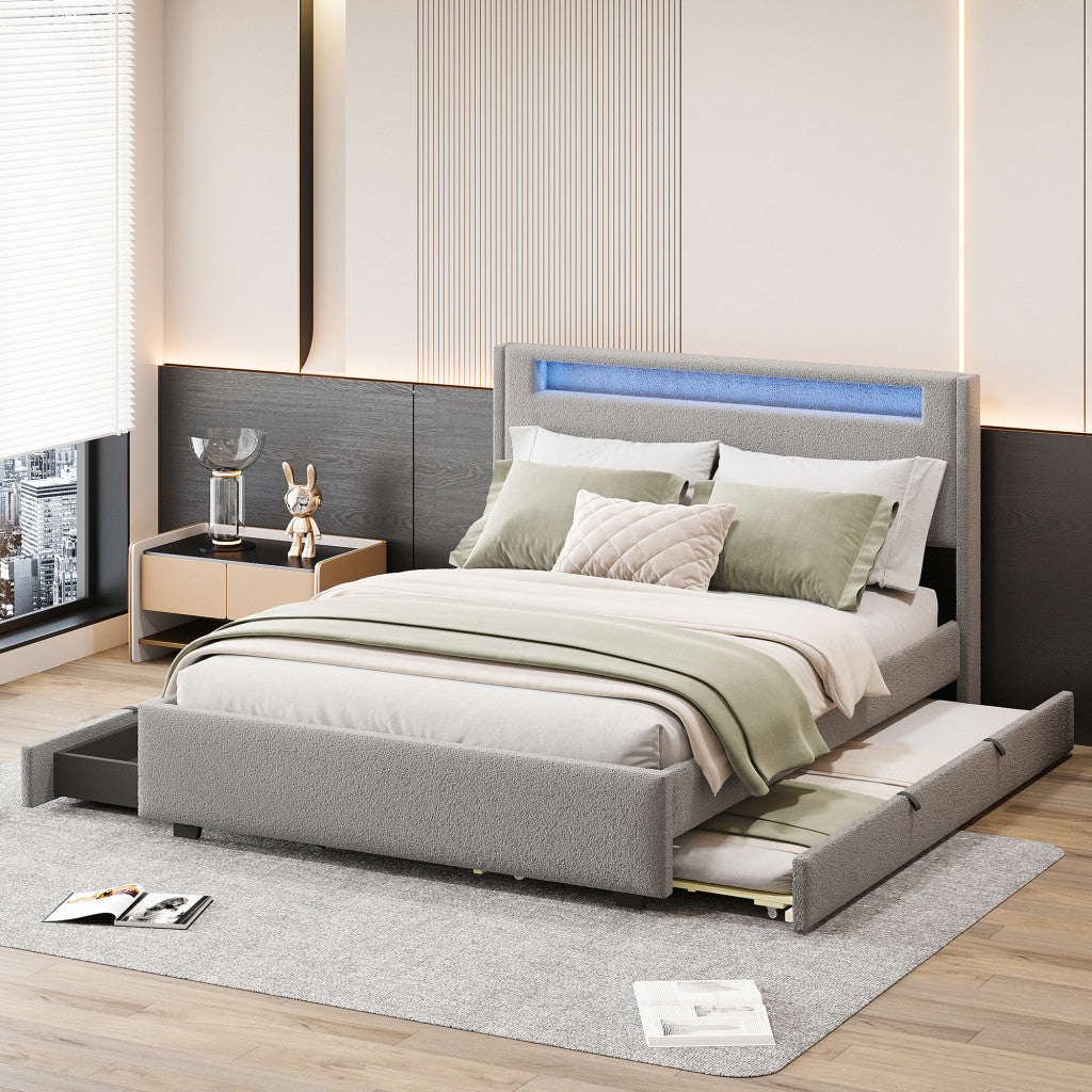 Light Gray Tufted Boucle Lighted Full Bed Frame With Trundle And USB And Drawers-8