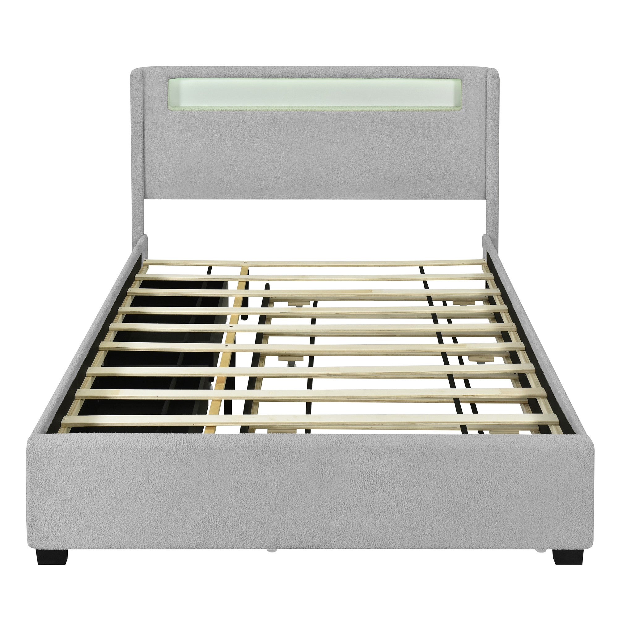 Light Gray Tufted Boucle Lighted Full Bed Frame With Trundle And USB And Drawers-1