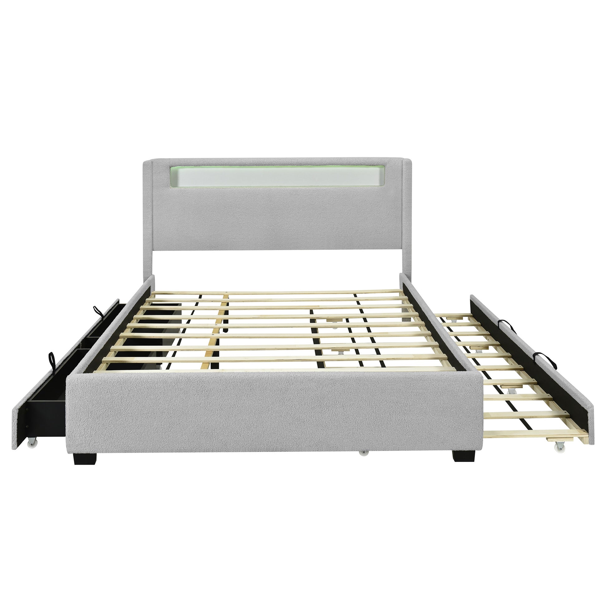 Light Gray Tufted Boucle Lighted Full Bed Frame With Trundle And USB And Drawers-2