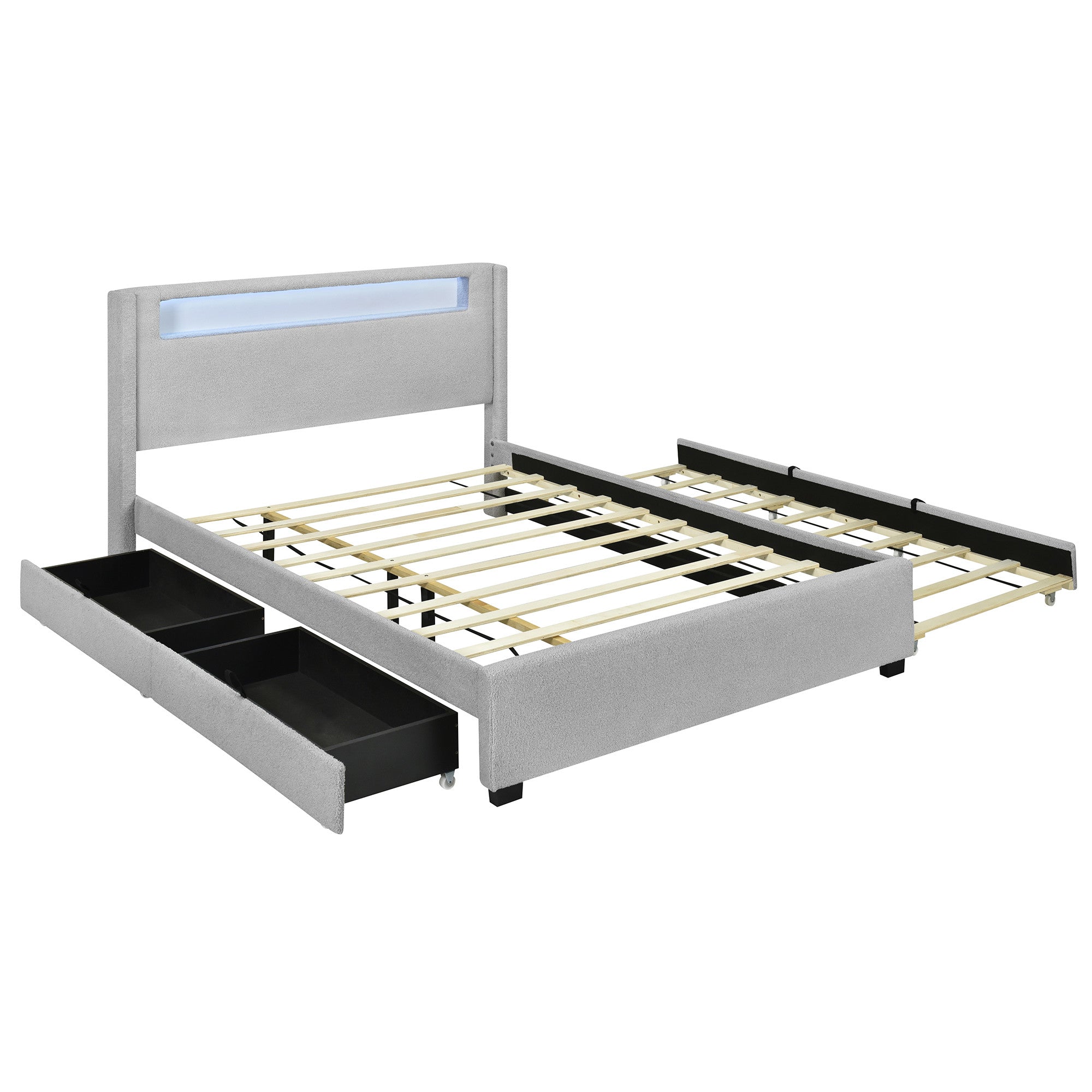 Light Gray Tufted Boucle Lighted Full Bed Frame With Trundle And USB And Drawers-3