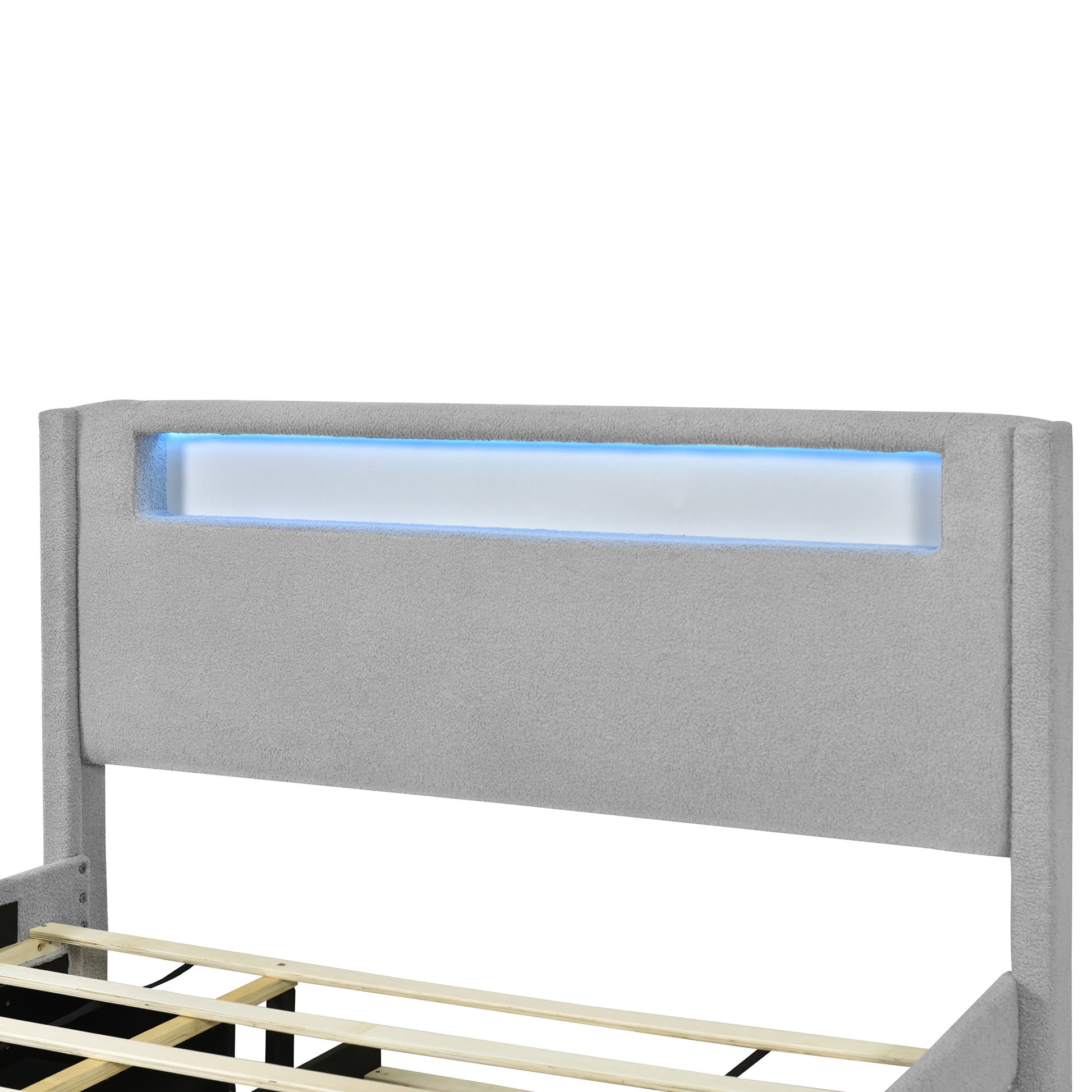 Light Gray Tufted Boucle Lighted Full Bed Frame With Trundle And USB And Drawers-6