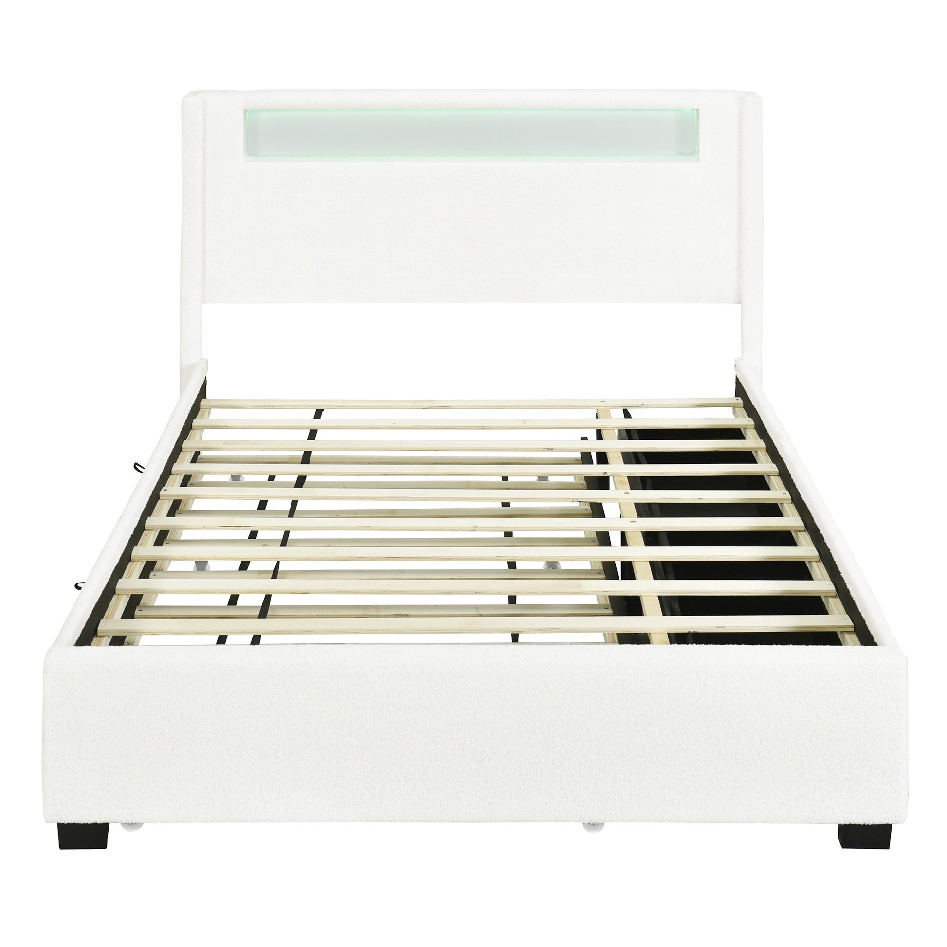White Tufted Boucle Lighted Full Bed Frame With Trundle And USB And Drawers-7