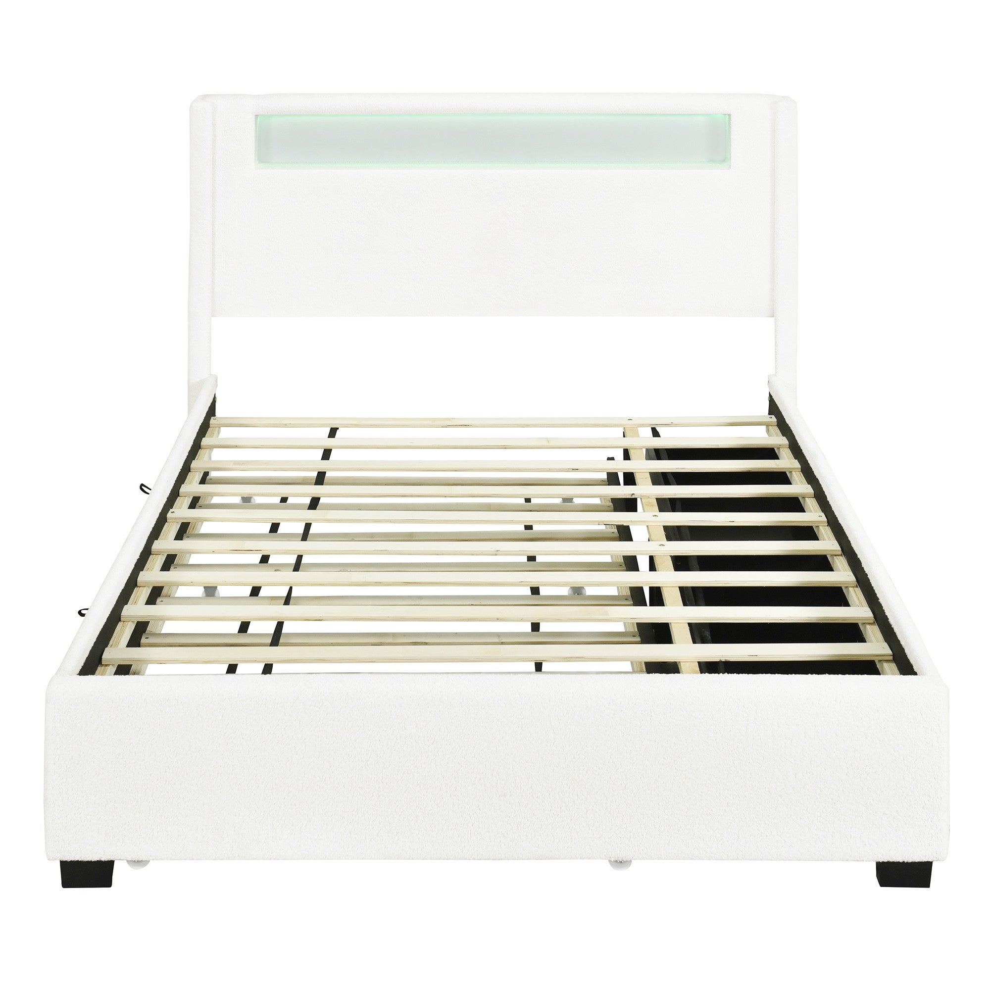 White Tufted Boucle Lighted Full Bed Frame With Trundle And USB And Drawers-7