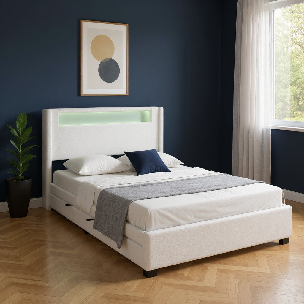 White Tufted Boucle Lighted Full Bed Frame With Trundle And USB And Drawers-0