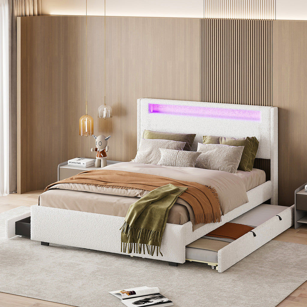 White Tufted Boucle Lighted Full Bed Frame With Trundle And USB And Drawers-8