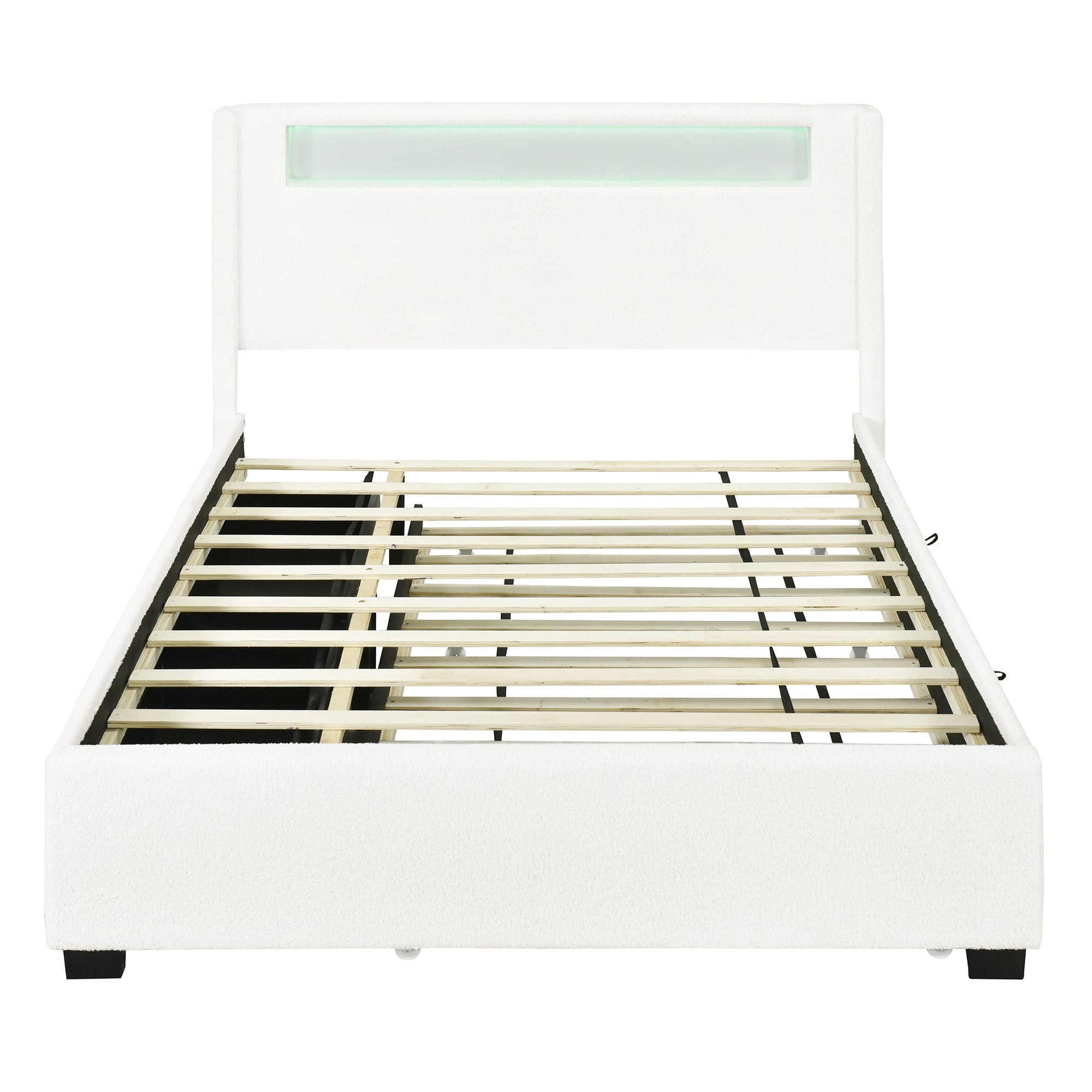 White Tufted Boucle Lighted Full Bed Frame With Trundle And USB And Drawers-1