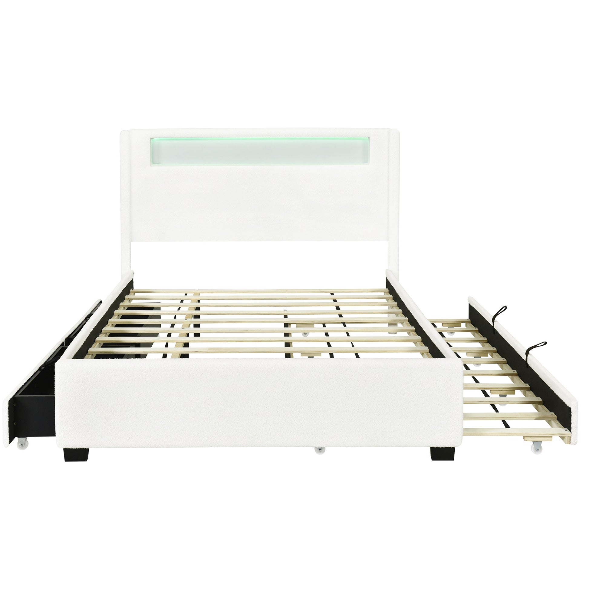 White Tufted Boucle Lighted Full Bed Frame With Trundle And USB And Drawers-2