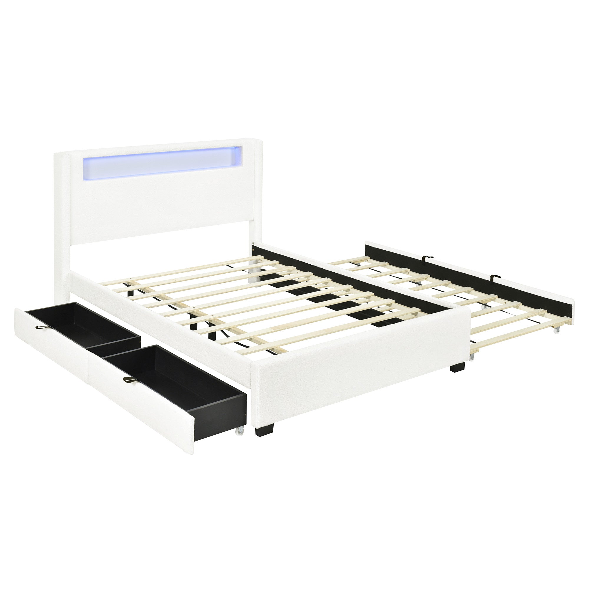 White Tufted Boucle Lighted Full Bed Frame With Trundle And USB And Drawers-3
