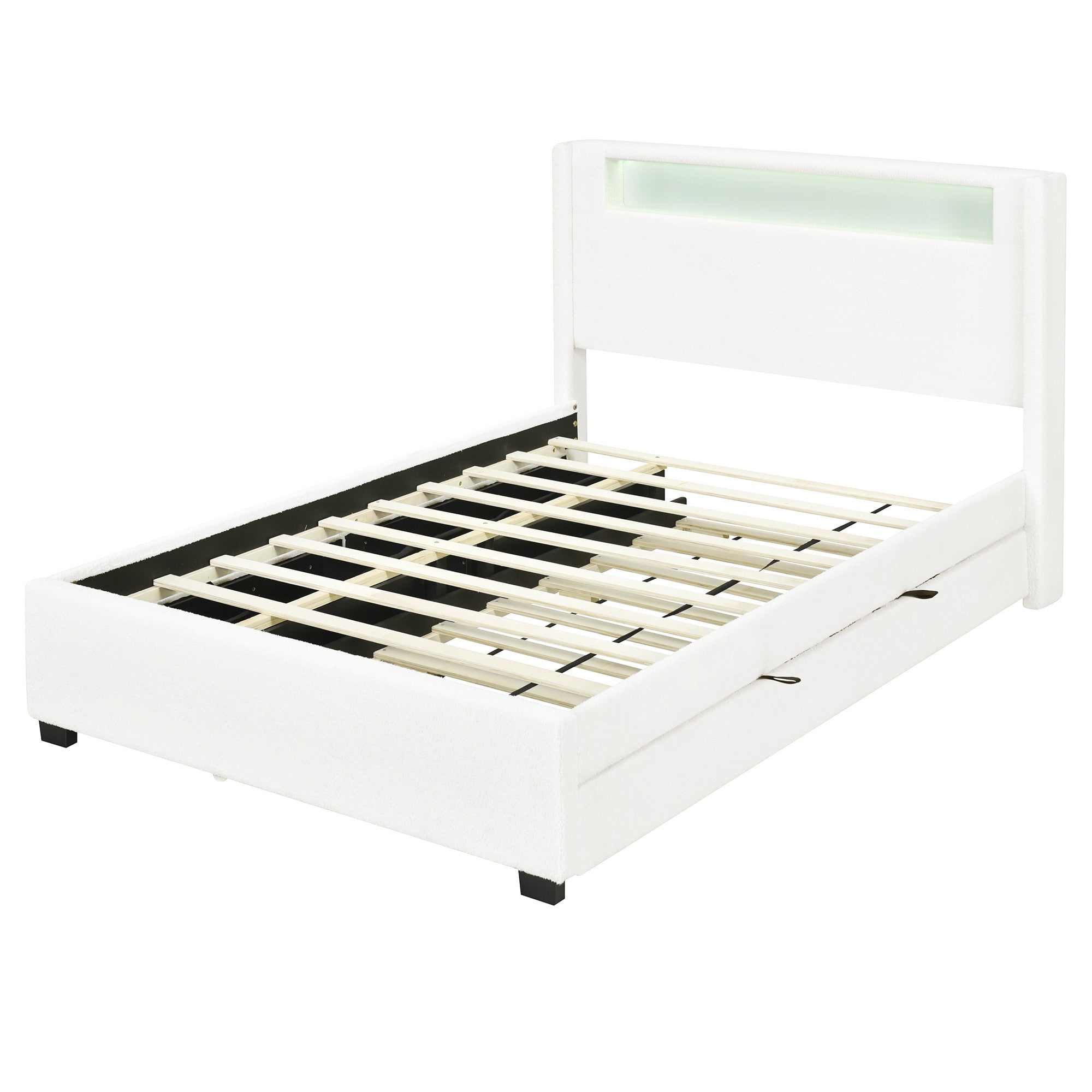 White Tufted Boucle Lighted Full Bed Frame With Trundle And USB And Drawers-4