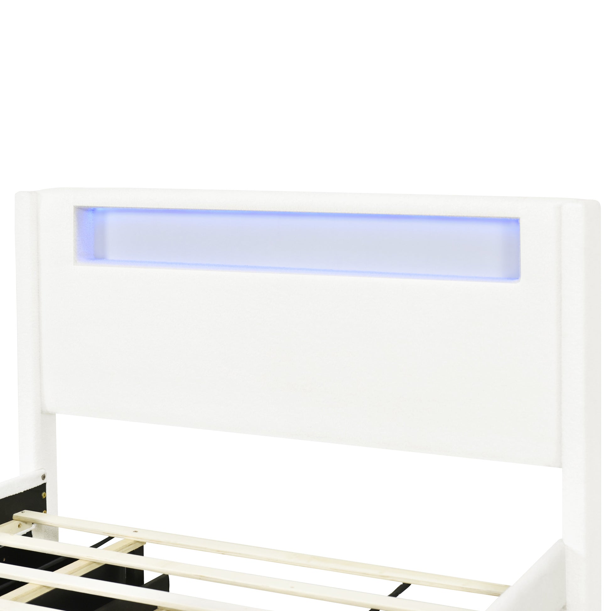 White Tufted Boucle Lighted Full Bed Frame With Trundle And USB And Drawers-6