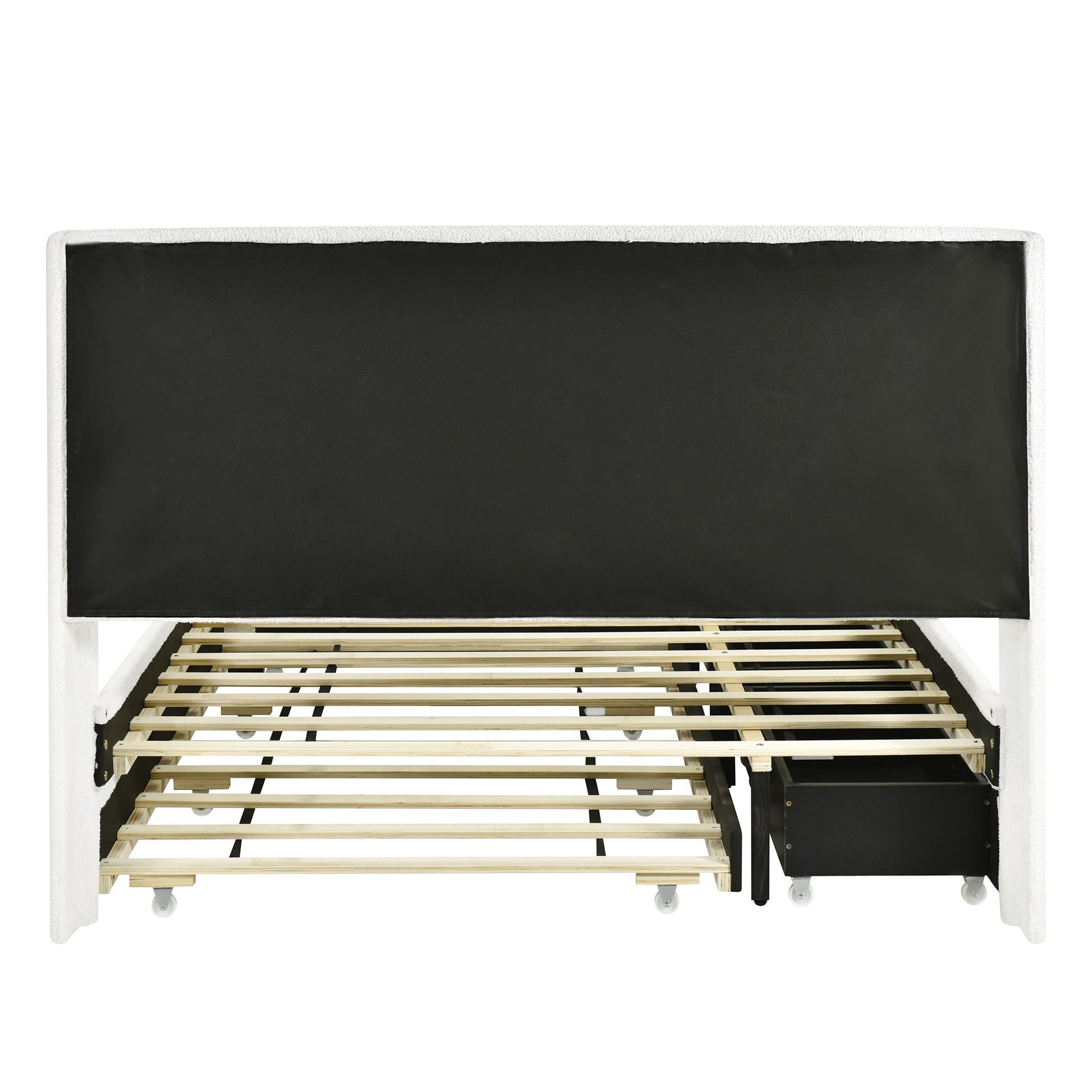 White Tufted Boucle Lighted Full Bed Frame With Trundle And USB And Drawers-5