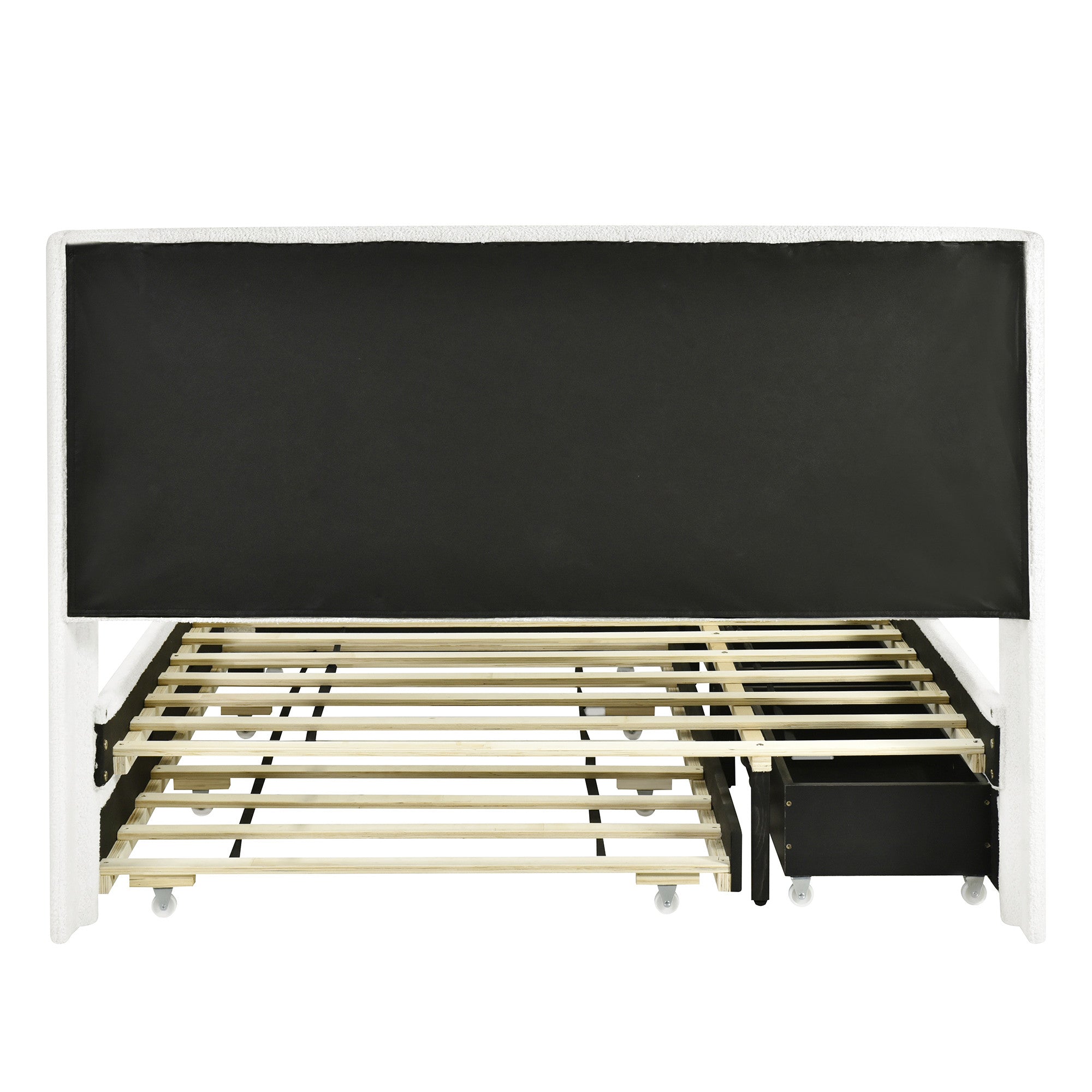 White Tufted Boucle Lighted Full Bed Frame With Trundle And USB And Drawers-5