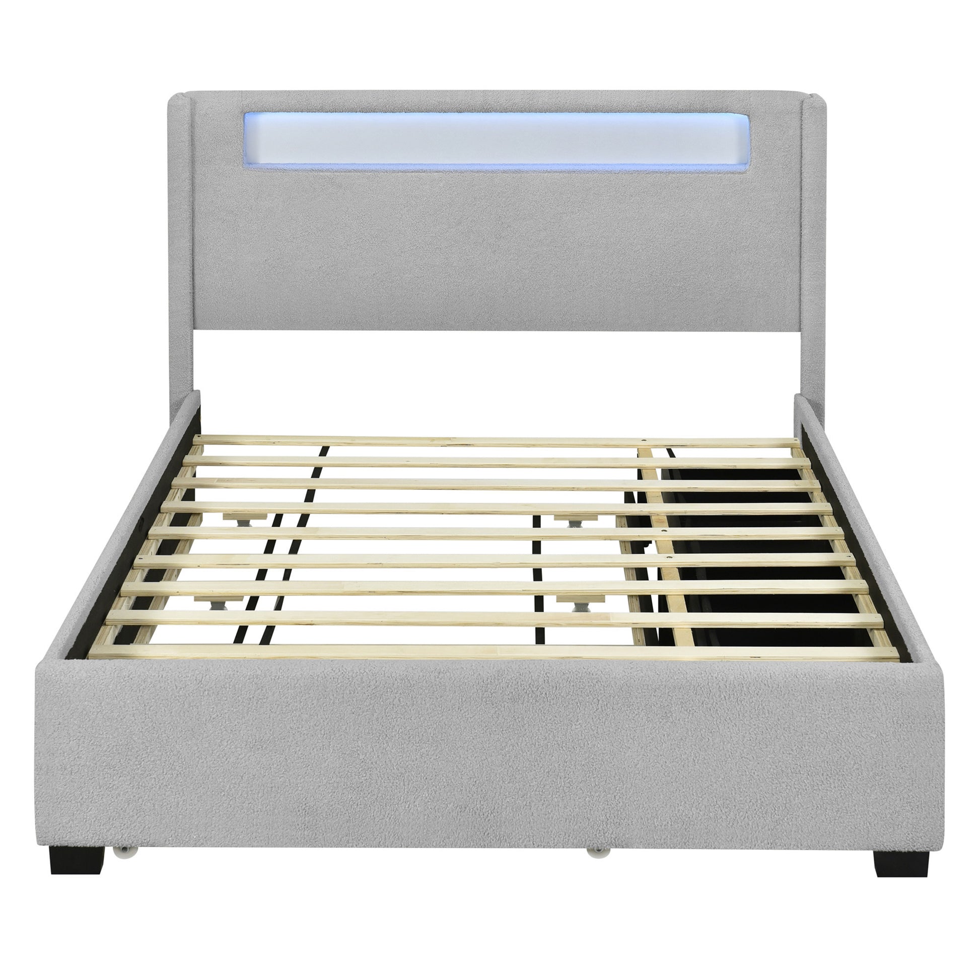 Light Gray Tufted Boucle Lighted Queen Bed Frame With Trundle And USB And Drawers-7