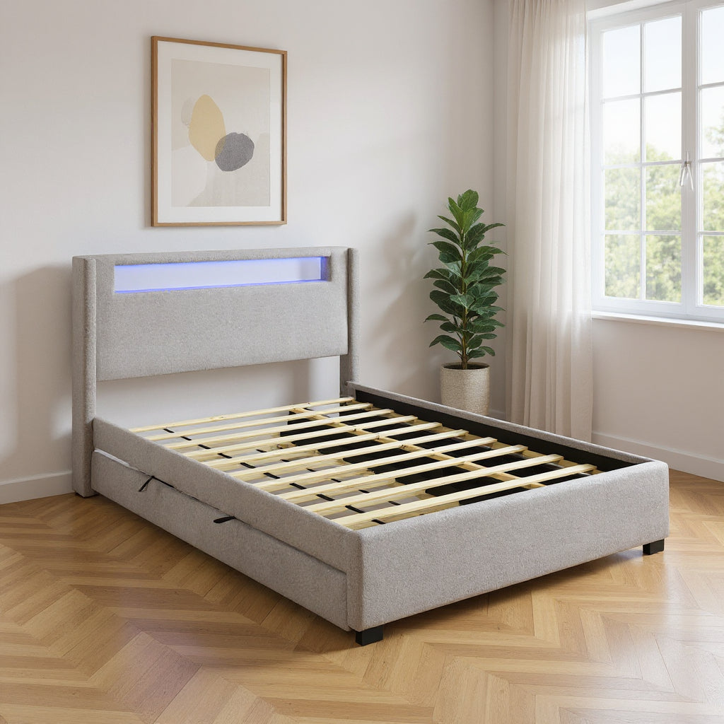Light Gray Tufted Boucle Lighted Queen Bed Frame With Trundle And USB And Drawers-0