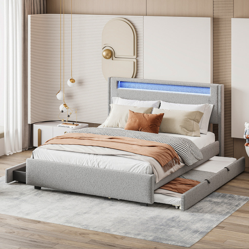 Light Gray Tufted Boucle Lighted Queen Bed Frame With Trundle And USB And Drawers-8