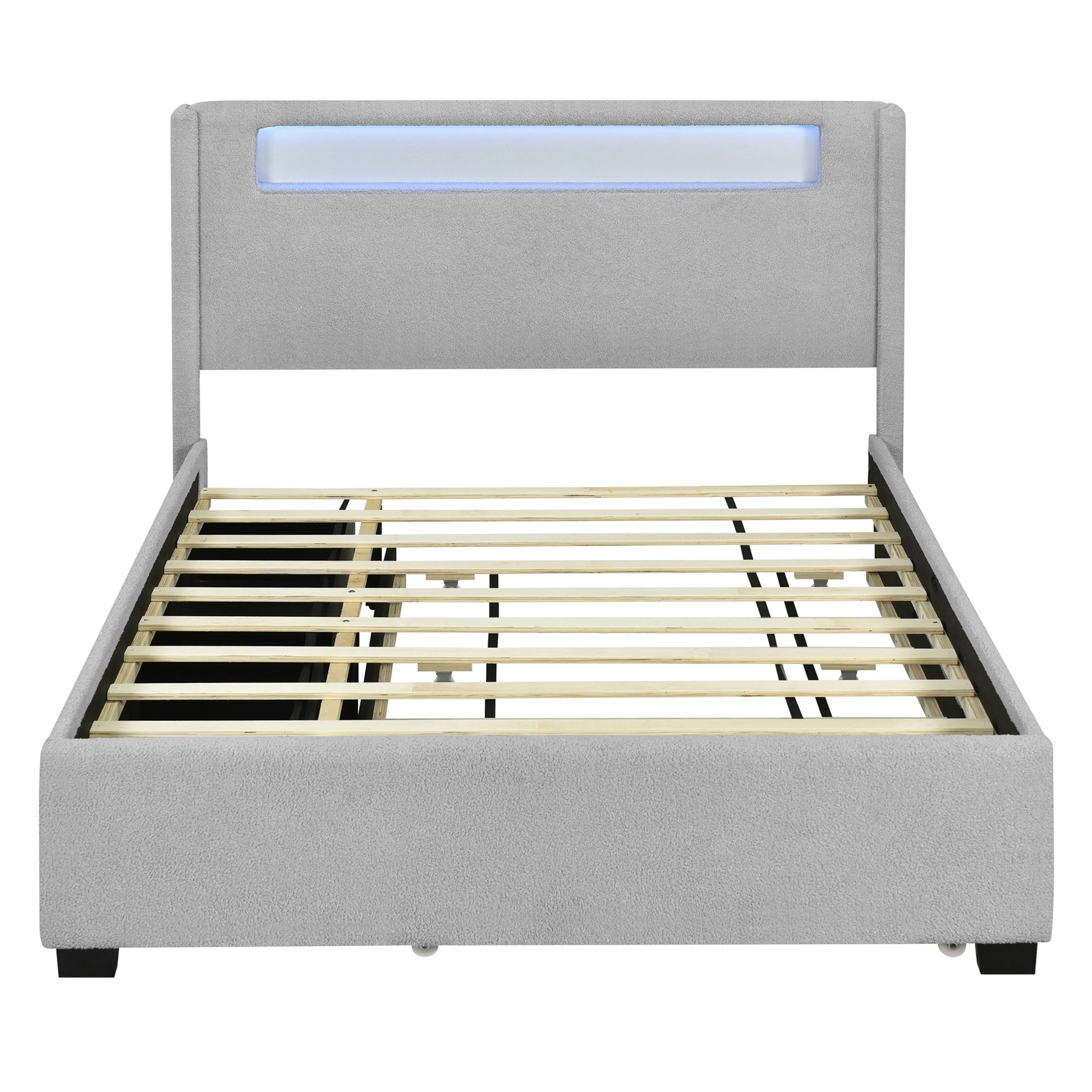 Light Gray Tufted Boucle Lighted Queen Bed Frame With Trundle And USB And Drawers-1