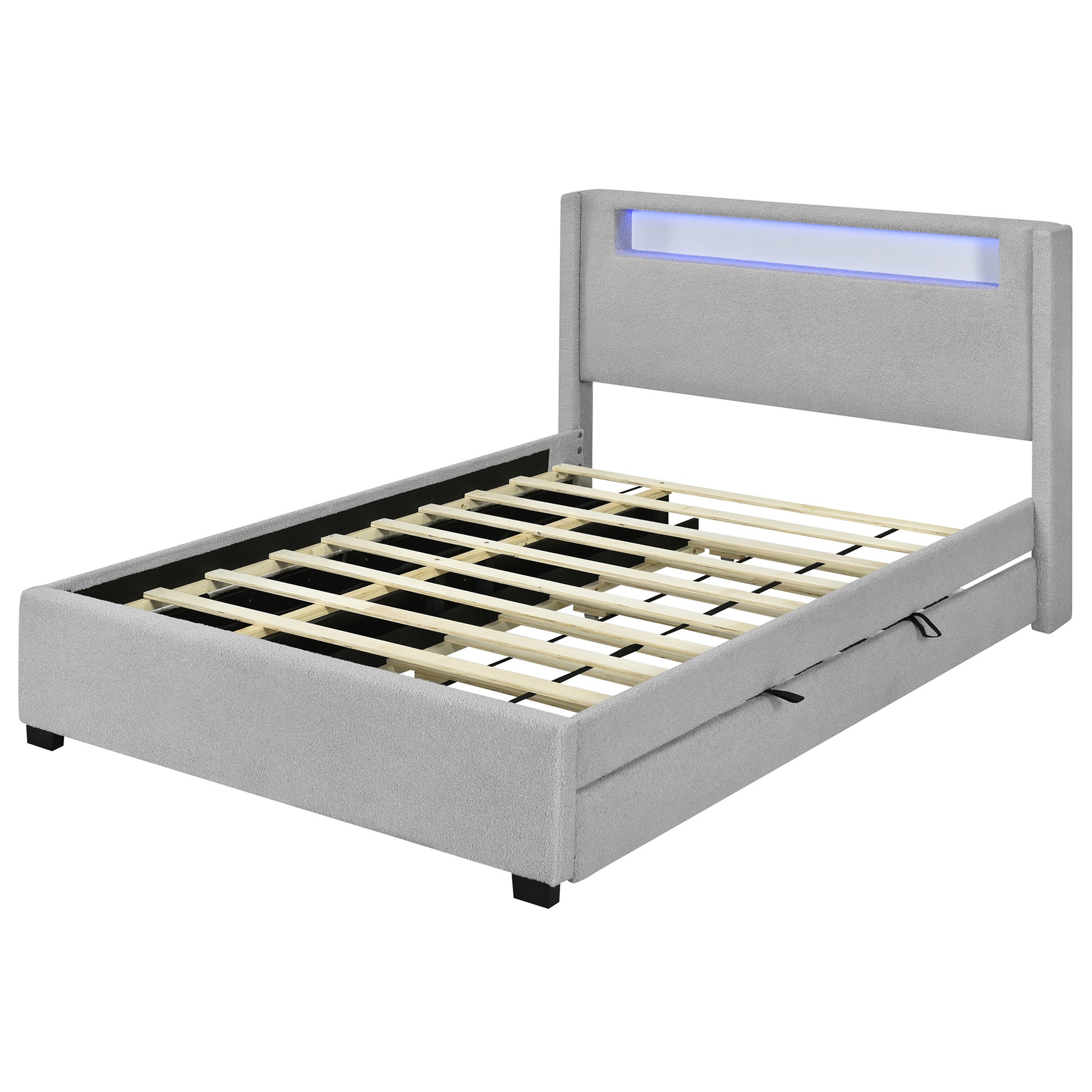 Light Gray Tufted Boucle Lighted Queen Bed Frame With Trundle And USB And Drawers-3