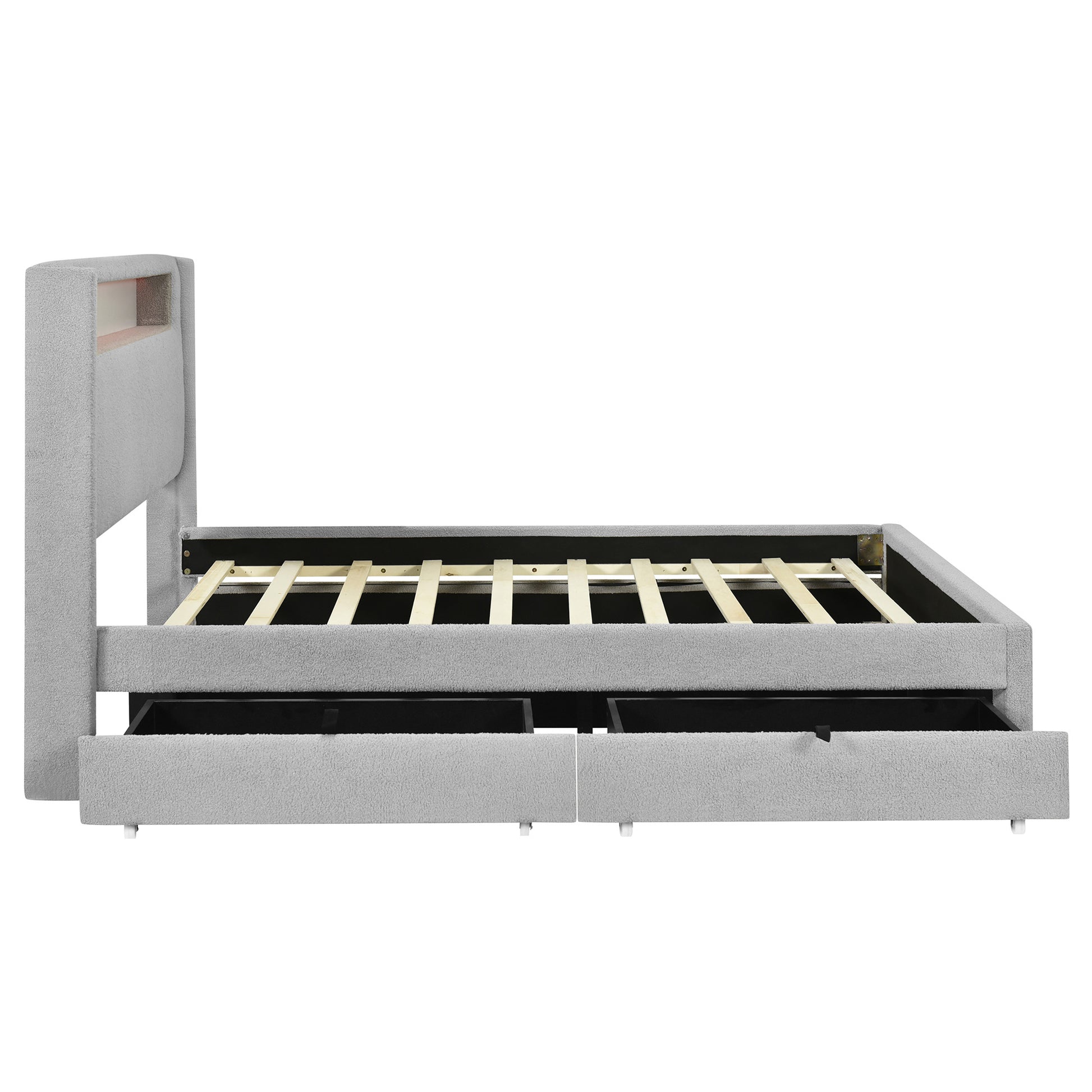 Light Gray Tufted Boucle Lighted Queen Bed Frame With Trundle And USB And Drawers-5
