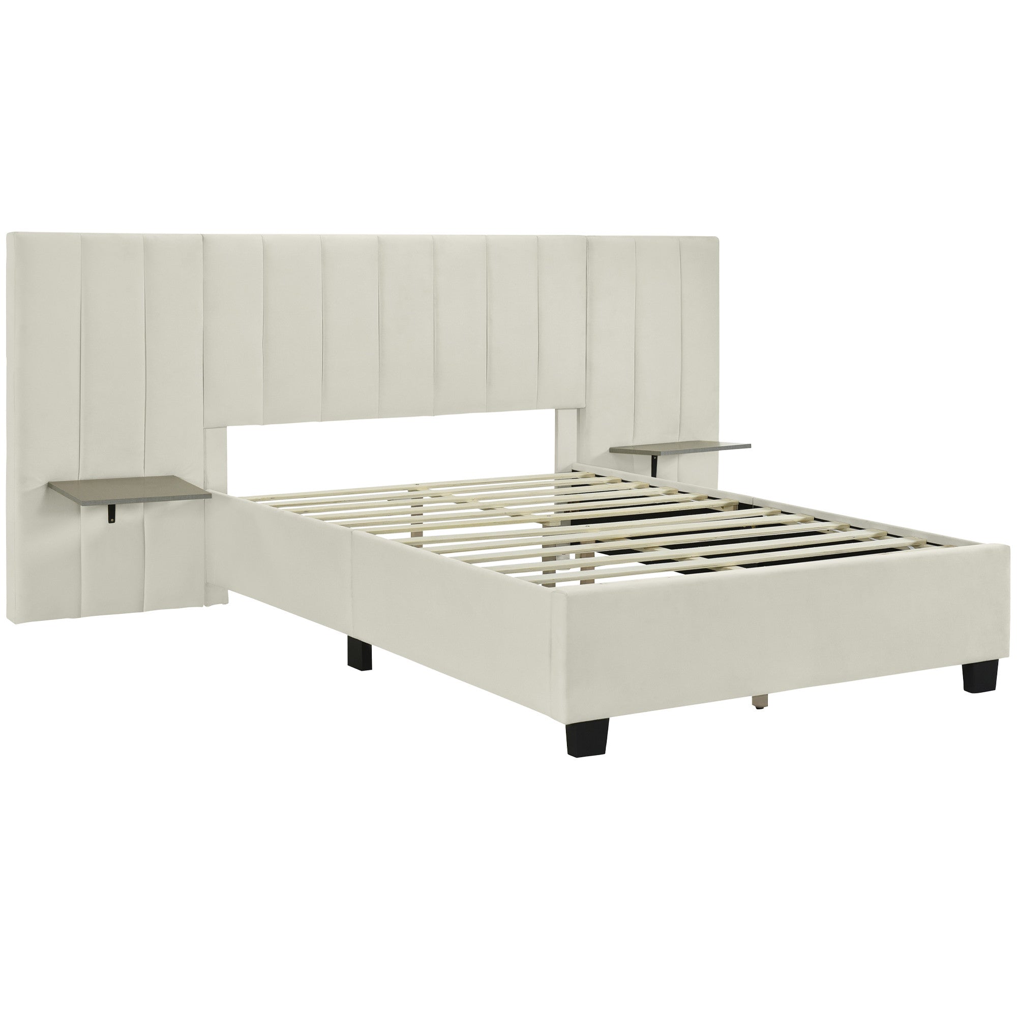 Light Gray Tufted Velvet Upholstered Lighted Full Bed Frame-1