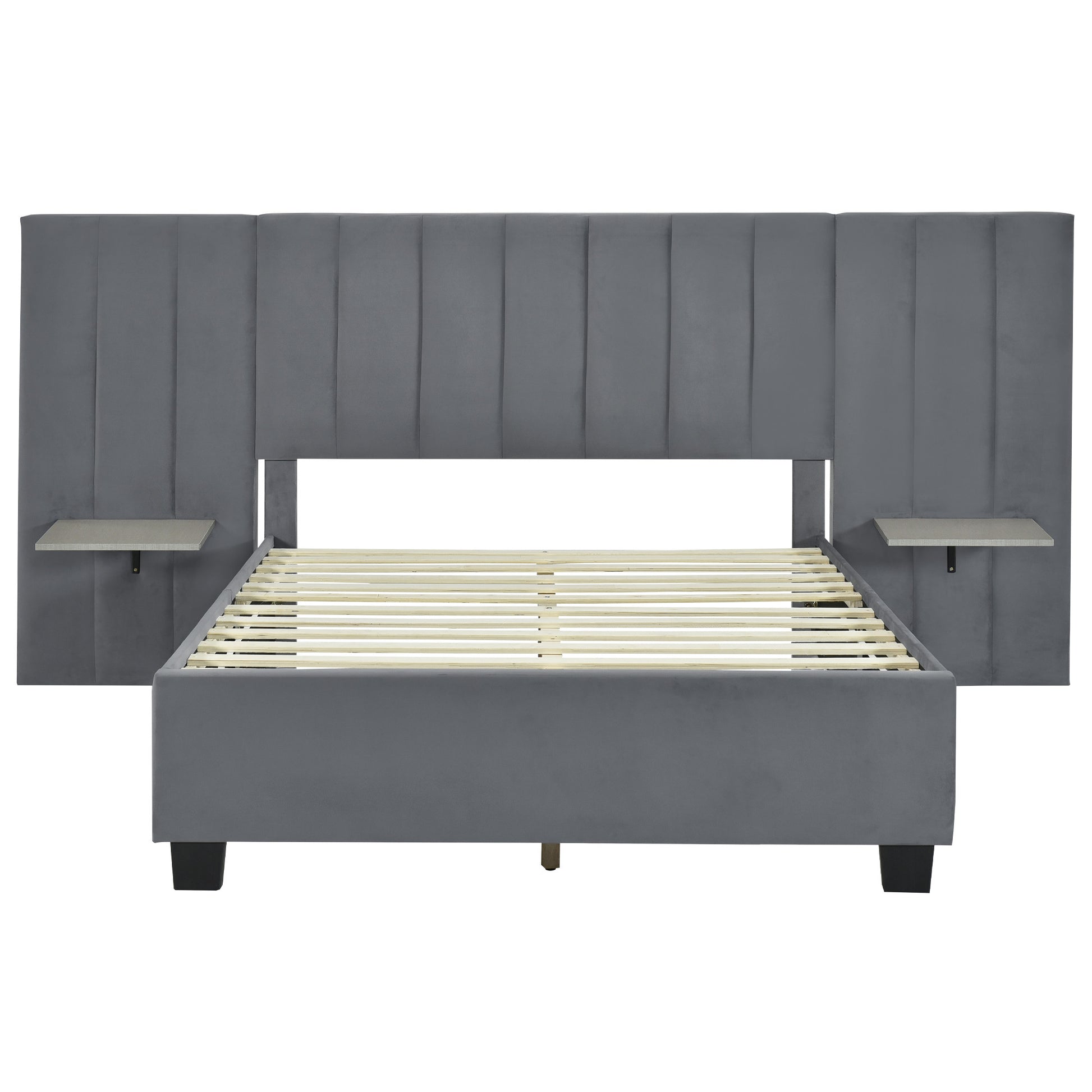 Dark Gray Tufted Velvet Upholstered Lighted Full Bed Frame-1