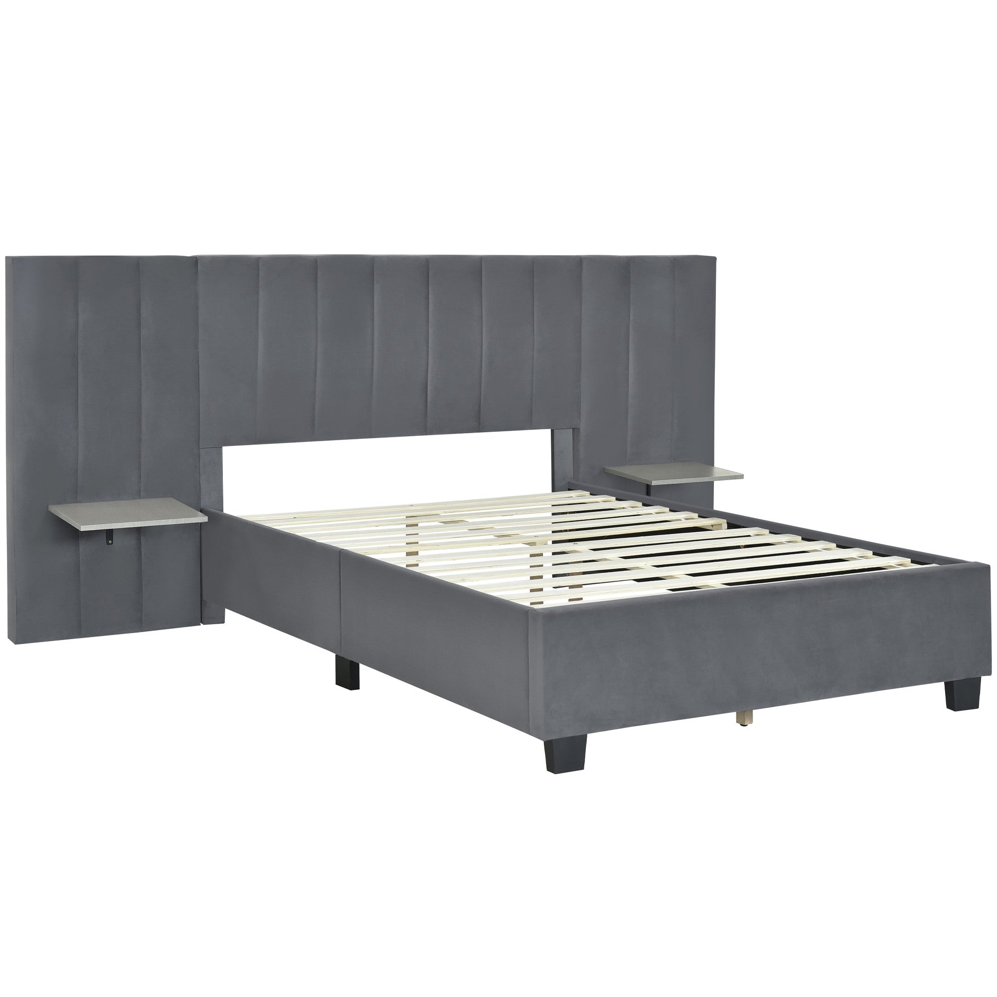 Dark Gray Tufted Velvet Upholstered Lighted Full Bed Frame-2