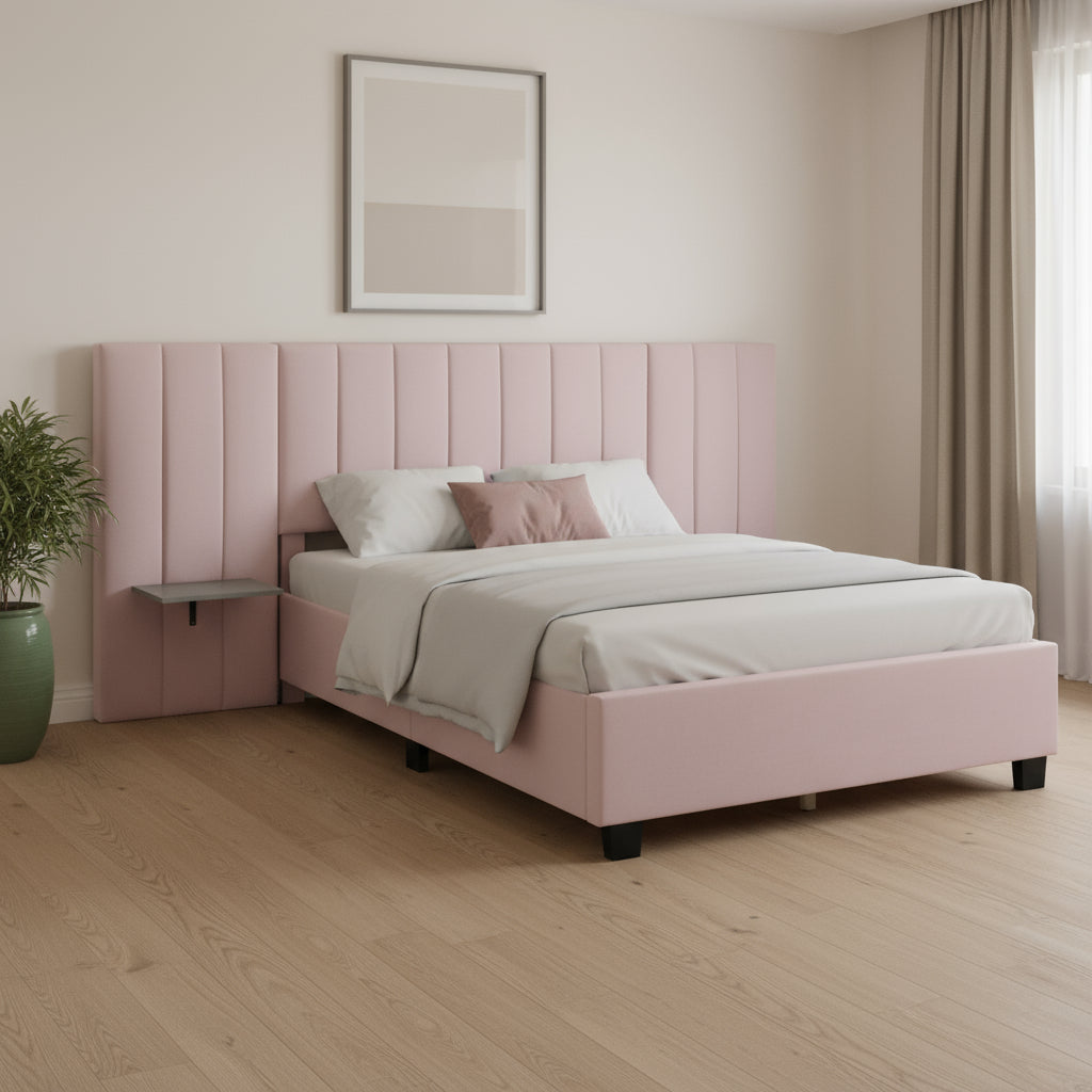 Pink Tufted Velvet Upholstered Lighted Full Bed Frame-0