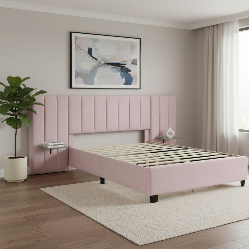Pink Tufted Velvet Upholstered Lighted Queen Bed Frame-0