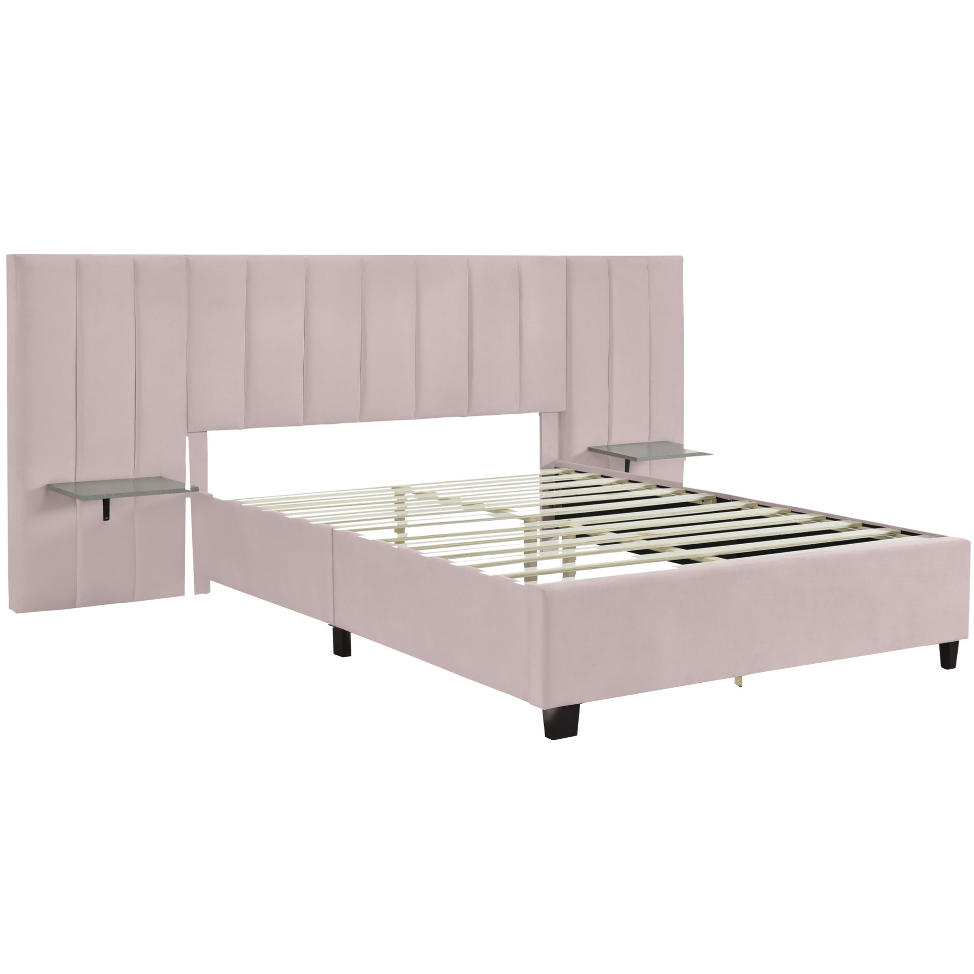Pink Tufted Velvet Upholstered Lighted Queen Bed Frame-2