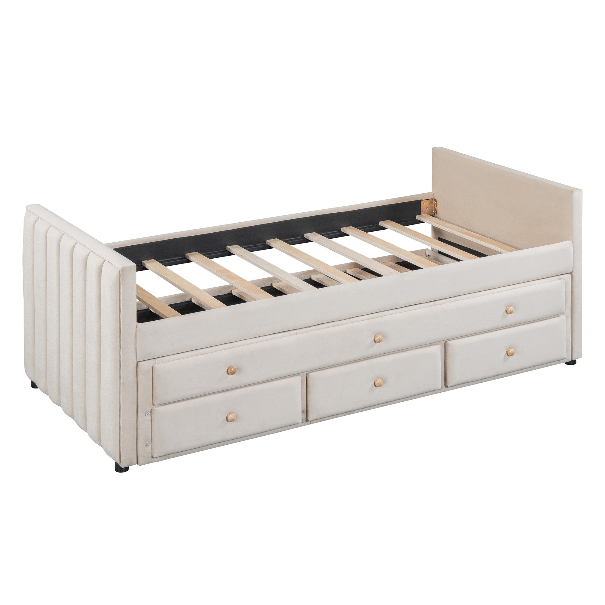 Beige Tufted Velvet Upholstered Twin Day Bed With Trundle And Drawers-1