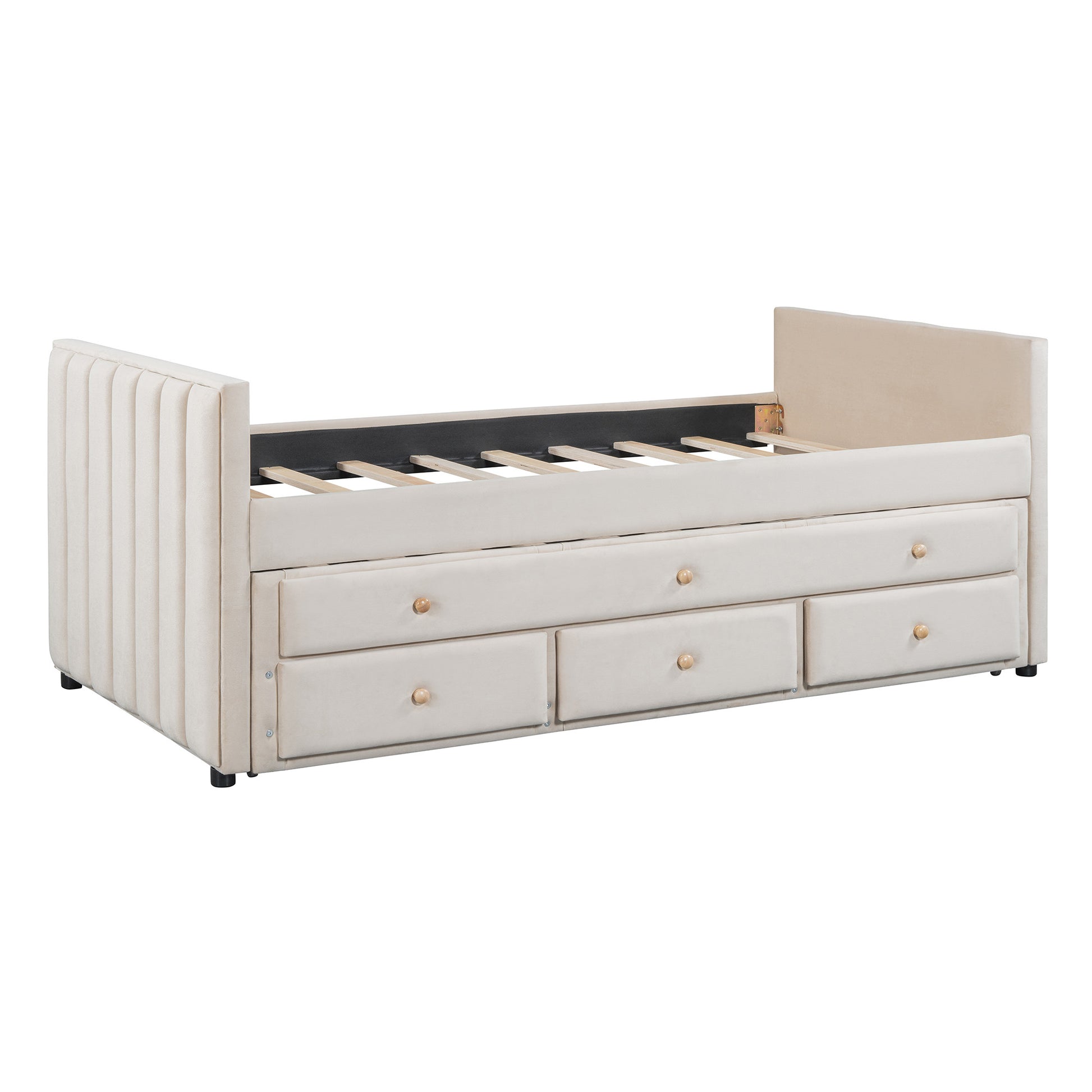 Beige Tufted Velvet Upholstered Twin Day Bed With Trundle And Drawers-3