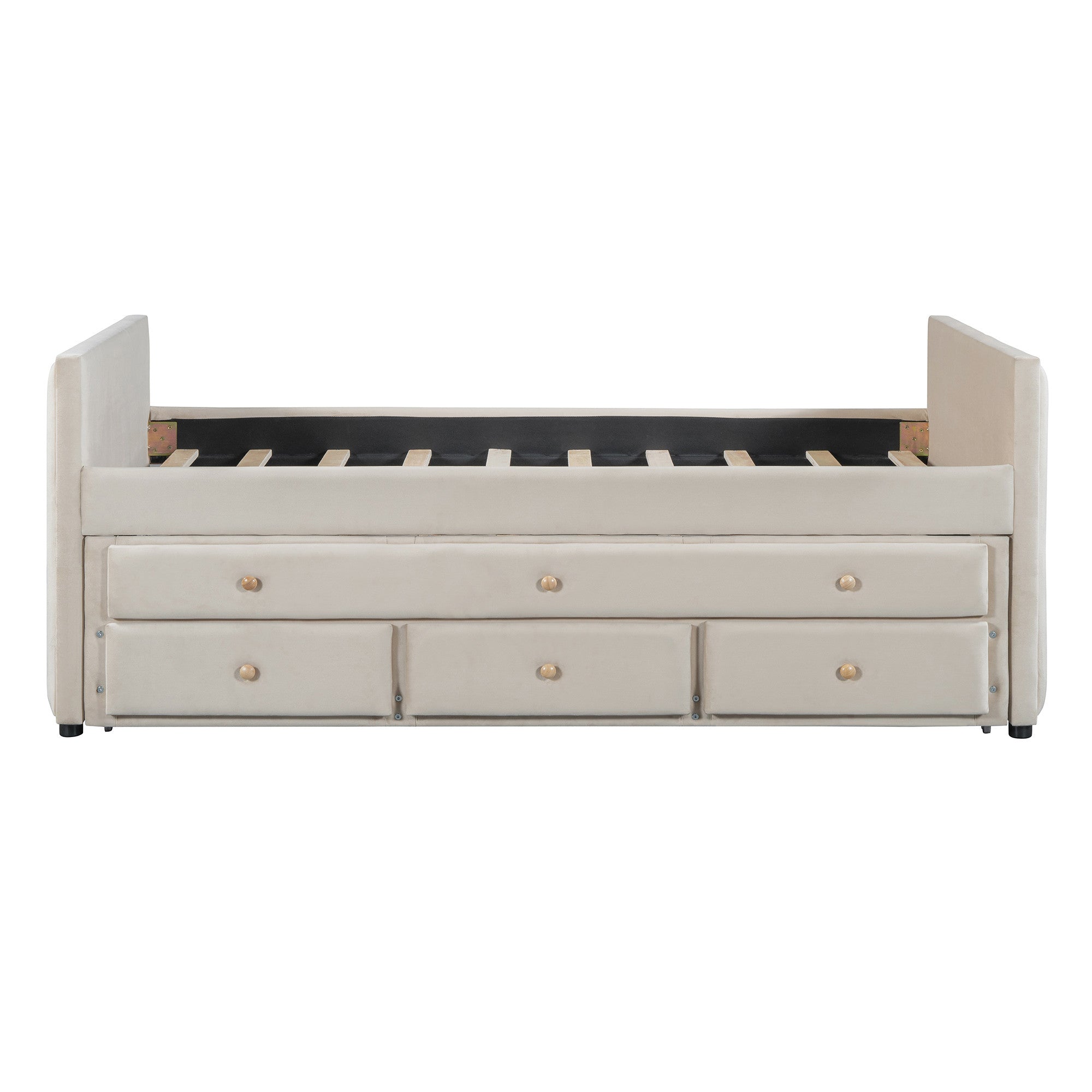 Beige Tufted Velvet Upholstered Twin Day Bed With Trundle And Drawers-6