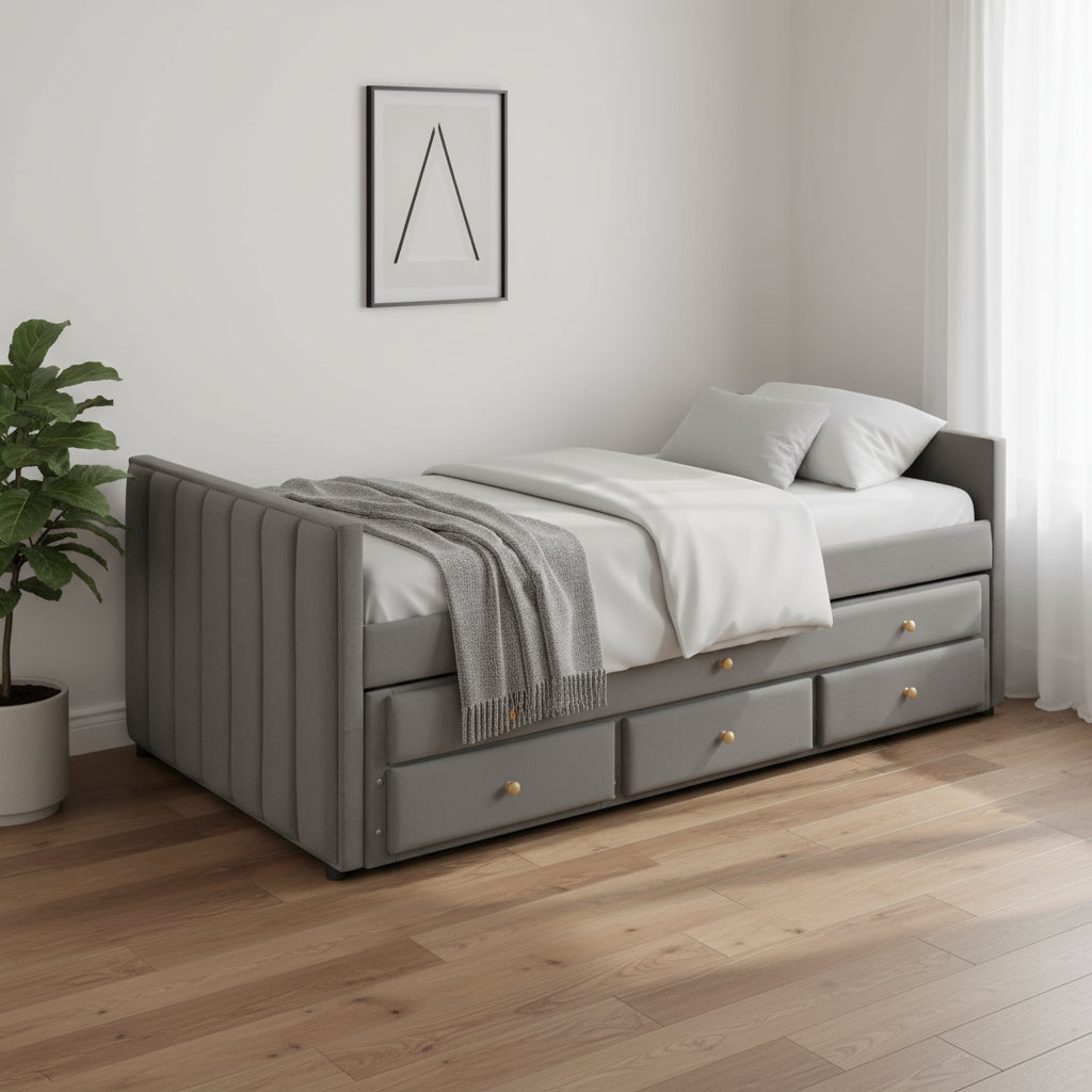 Dark Gray Tufted Velvet Upholstered Full Day Bed With Trundle And Drawers-0