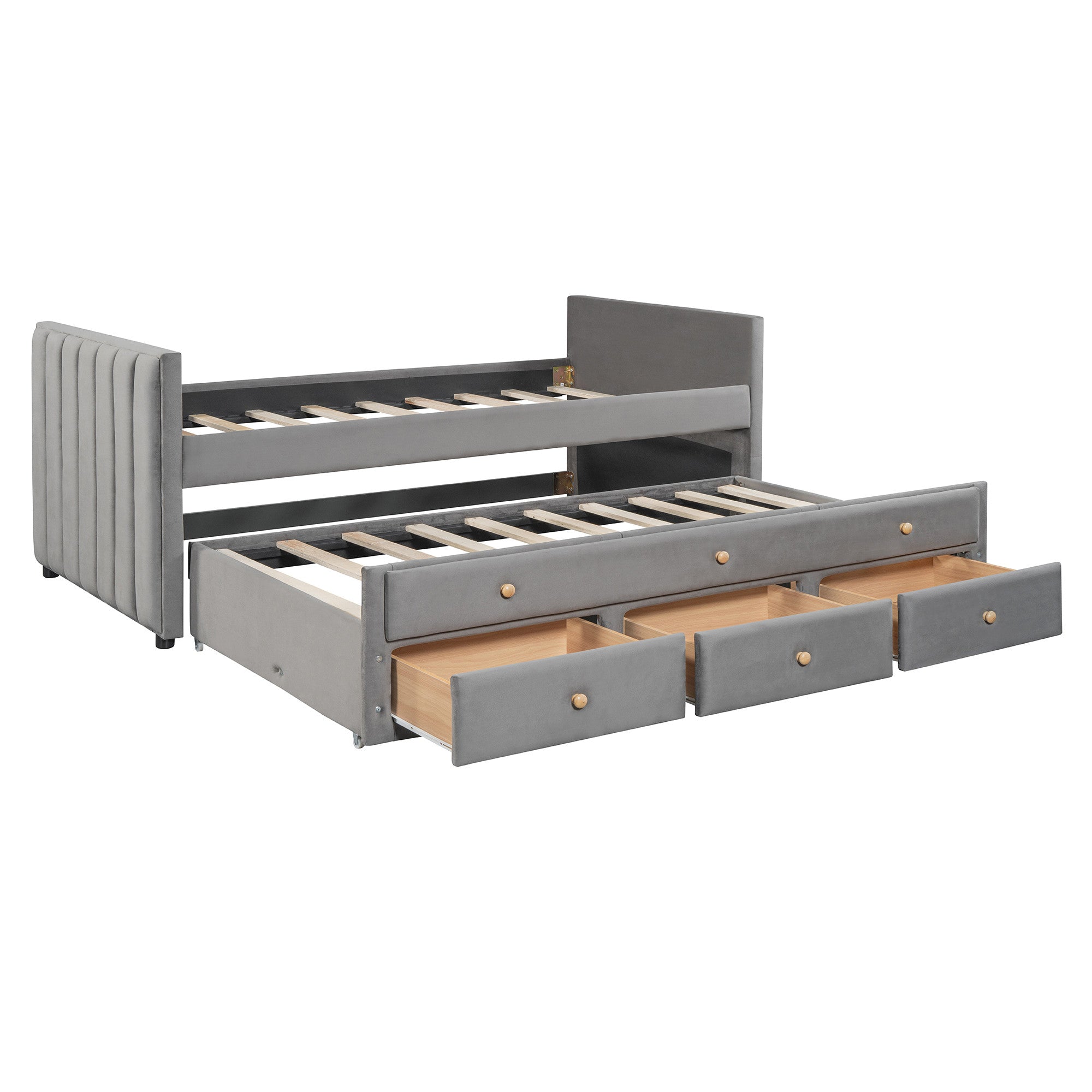 Dark Gray Tufted Velvet Upholstered Full Day Bed With Trundle And Drawers-2