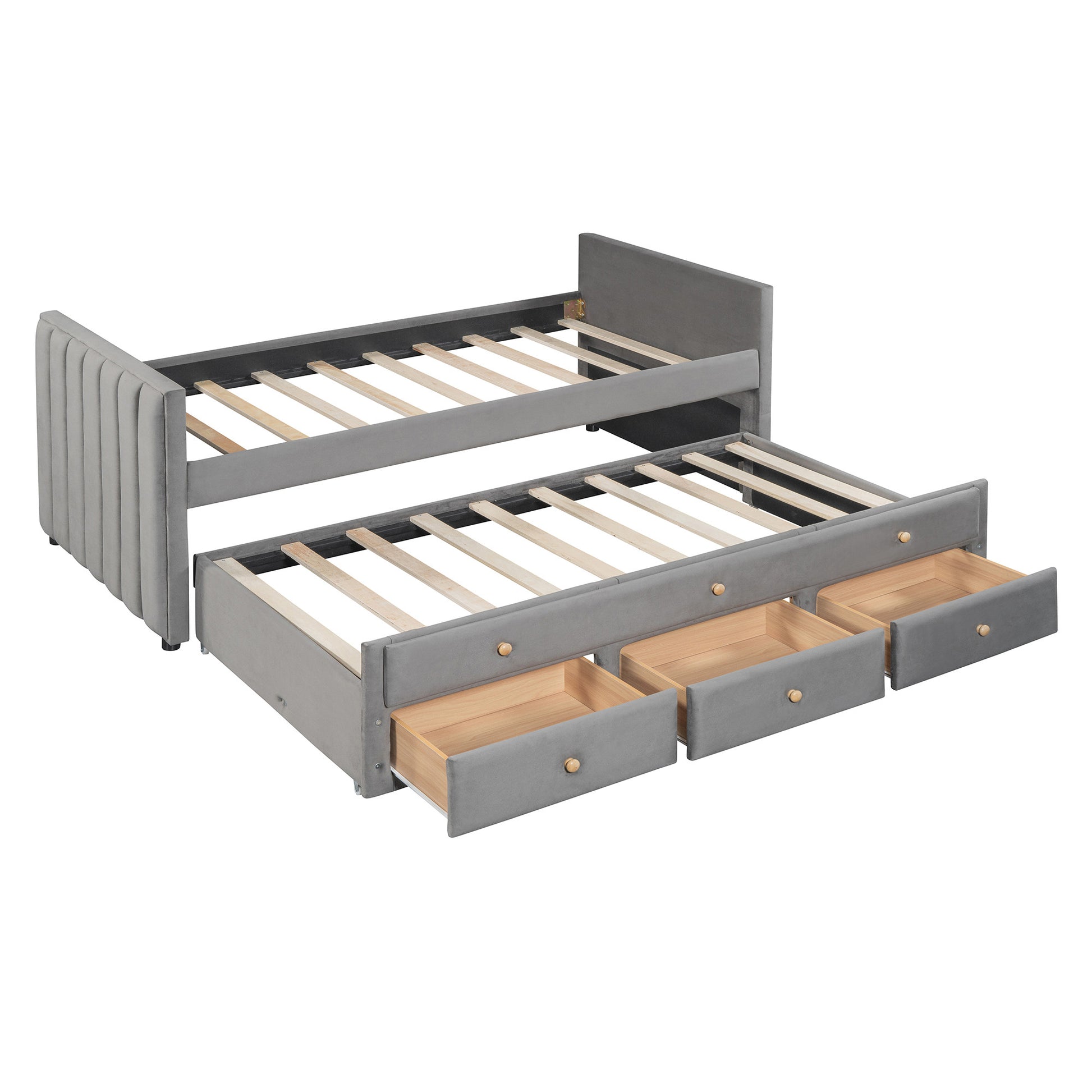Dark Gray Tufted Velvet Upholstered Full Day Bed With Trundle And Drawers-3