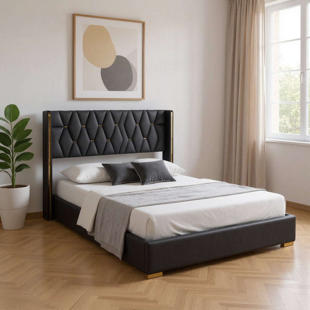 Black Tufted Upholstered Queen Bed Frame-0