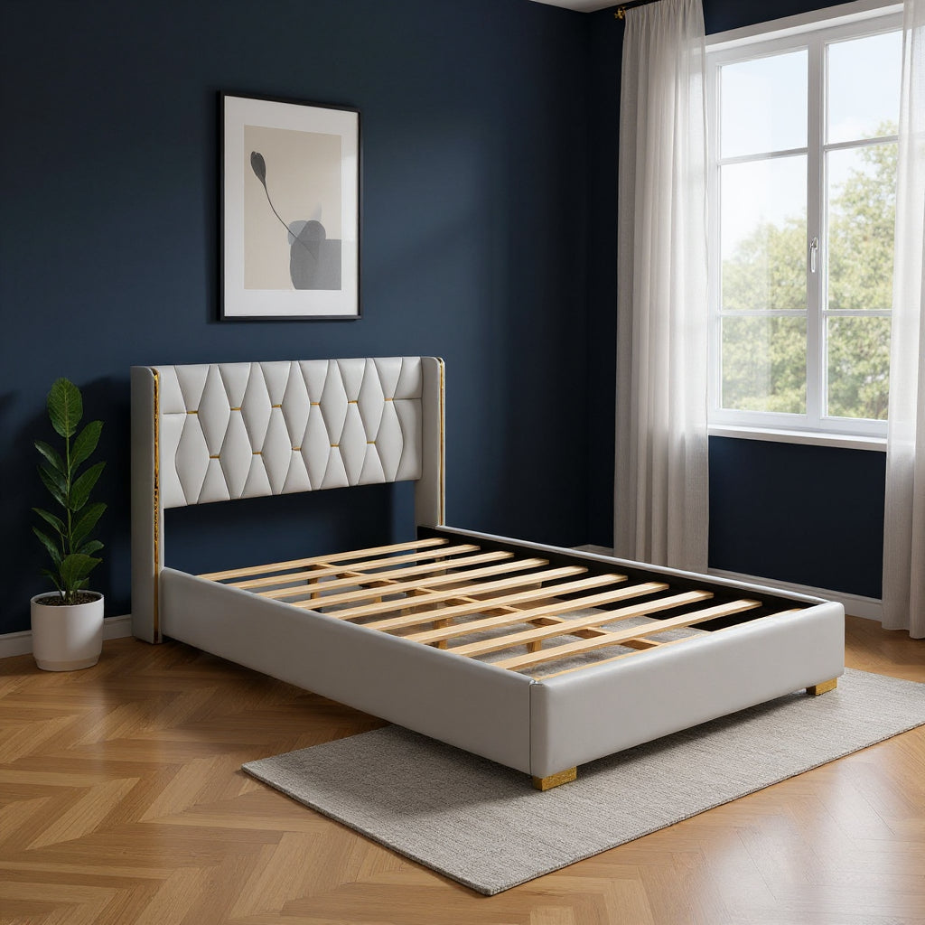 White Tufted Upholstered Queen Bed Frame-0